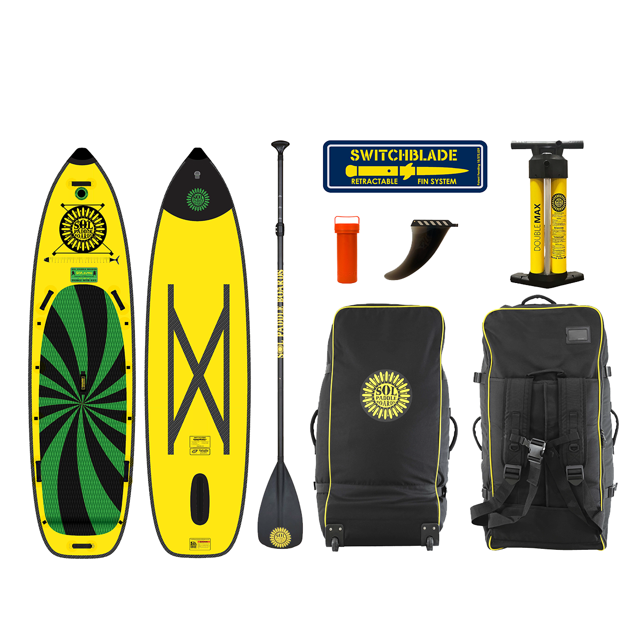 Carbon GalaXy SOLsumo Inflatable Paddle Board showcasing the top and bottom views of the SUP board and the accessories that come with it