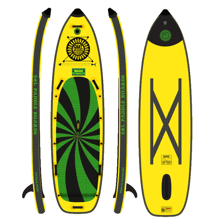 Carbon GalaXy SOLsumo Inflatable Paddle Board showcasing all four sides of the SUP board with the retractable switchblade fin.