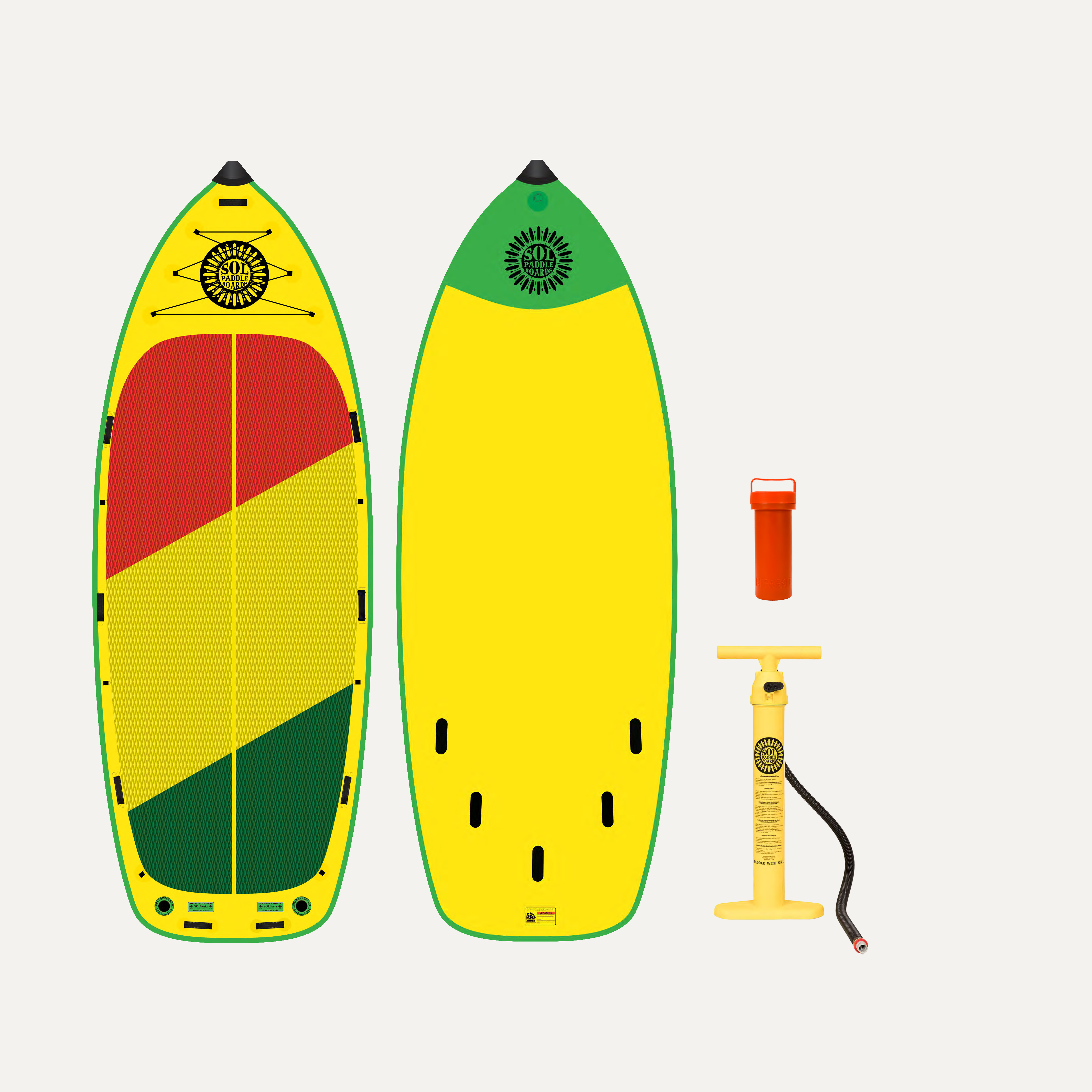 Classic SOLfiesta Inflatable Paddle Board showcasing the top and bottom views of the SUP board and the accessories that come with it
