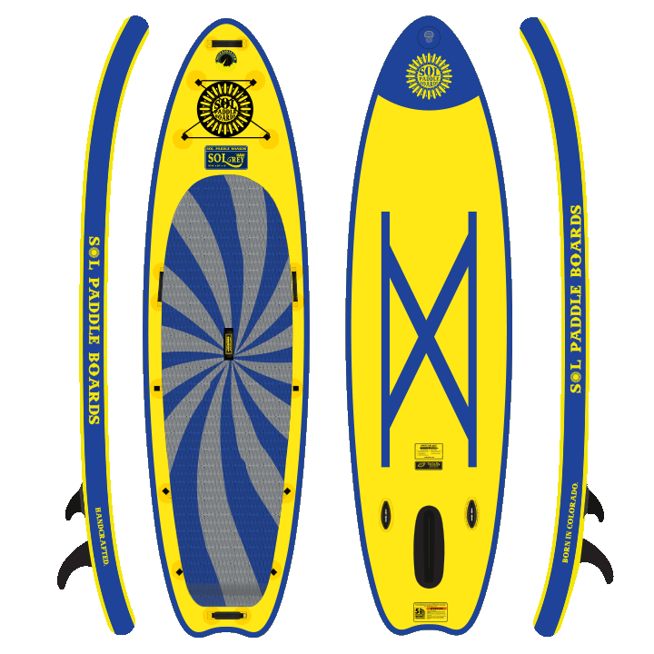 GalaXy SOLrey Inflatable Paddle Board showcasing all four sides of the SUP board with the switchblade retractable fin system.