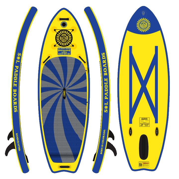GalaXy SOLrivershine Inflatable Paddle Board showcasing all four sides of the SUP board with the retractable switchblade fin system.
