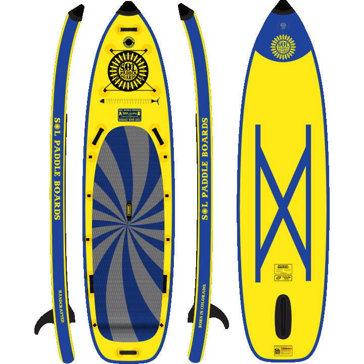 GalaXy SOLsumo Inflatable Paddle Board showcasing all four sides of the SUP board with the retractable switchblade fin