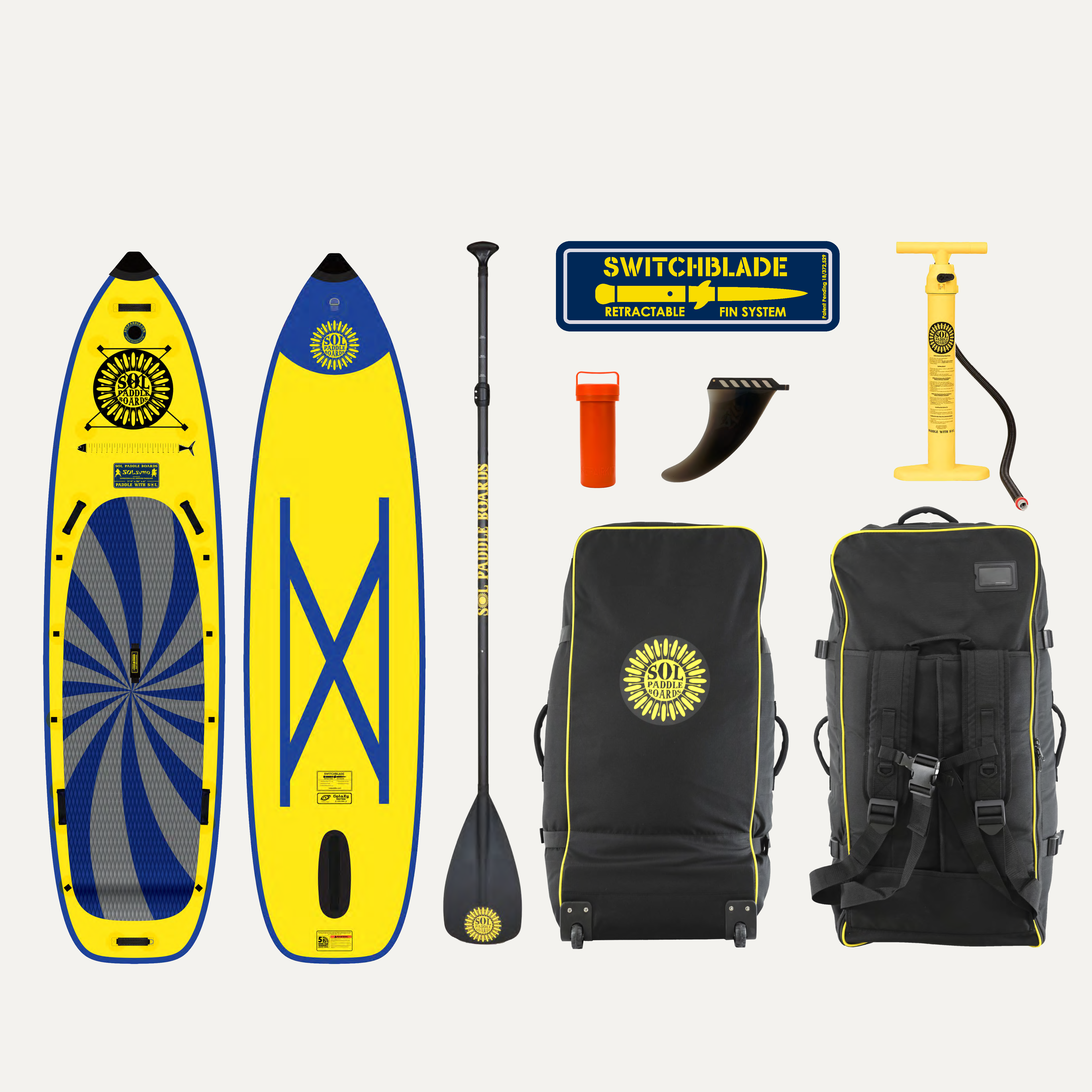 GalaXy SOLsumo Inflatable Paddle Board showcasing the top and bottom views of the SUP board and the accessories that come with it