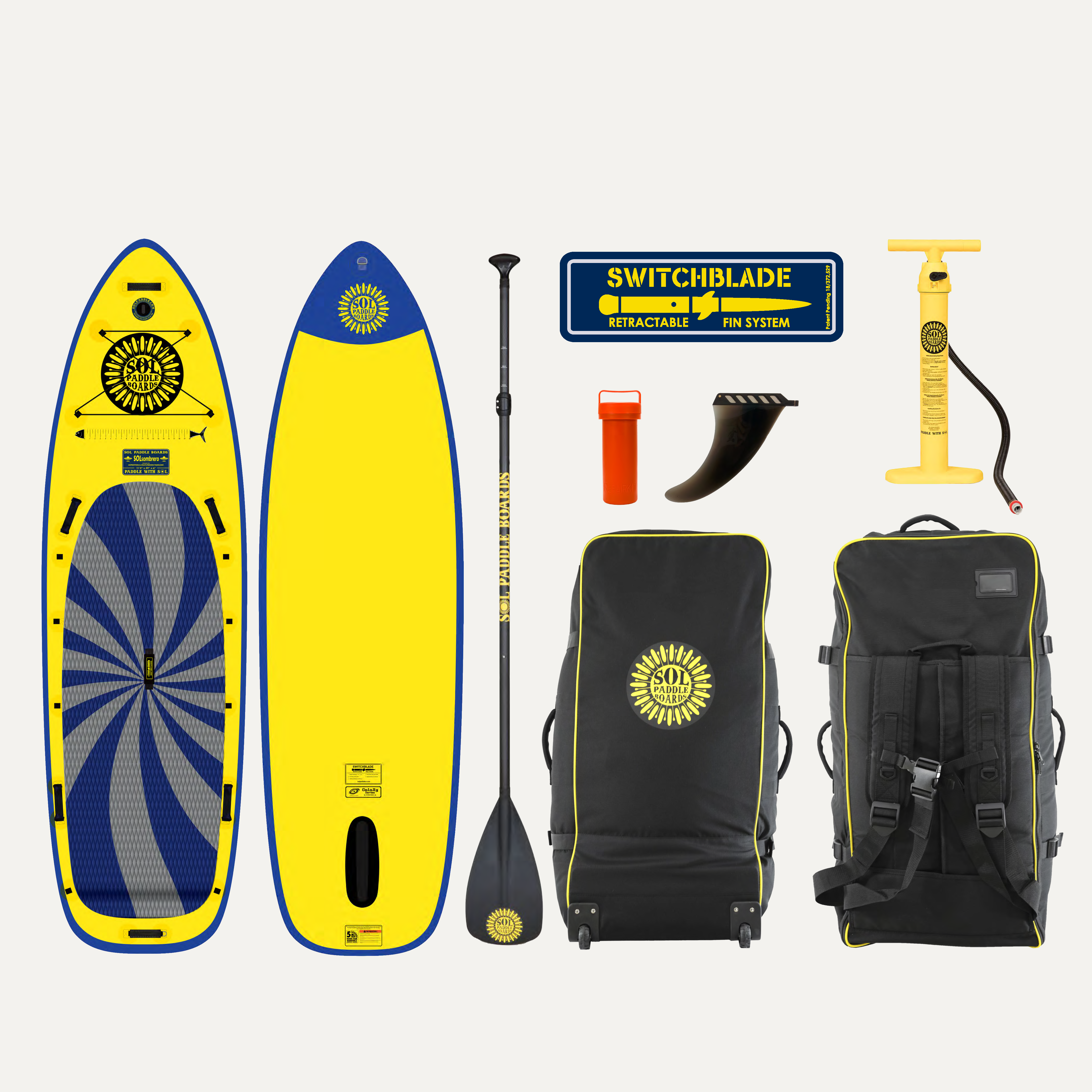 Infinity SOLsombrero Inflatable Paddle Board showcasing the top and bottom views of the SUP board and the accessories that come with it.