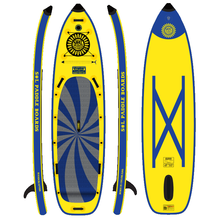 Infinity SOLsombrero Inflatable Paddle Board showcasing all four sides of the SUP board with the retractable switchblade fin system.