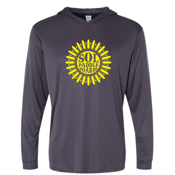 A dark gray long-sleeve performance hoodie featuring a yellow and black 'SOL PADDLE BOARDS' logo on the chest, displayed on a clean white background.