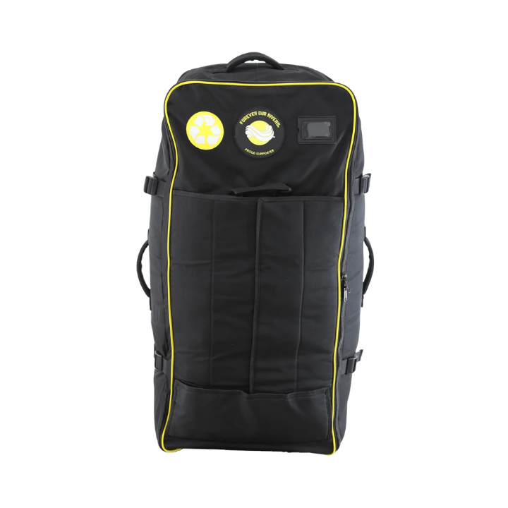 A black backpack-style travel bag with bright yellow piping and two circular yellow-and-white patches on the front pocket, shown against a plain white background.