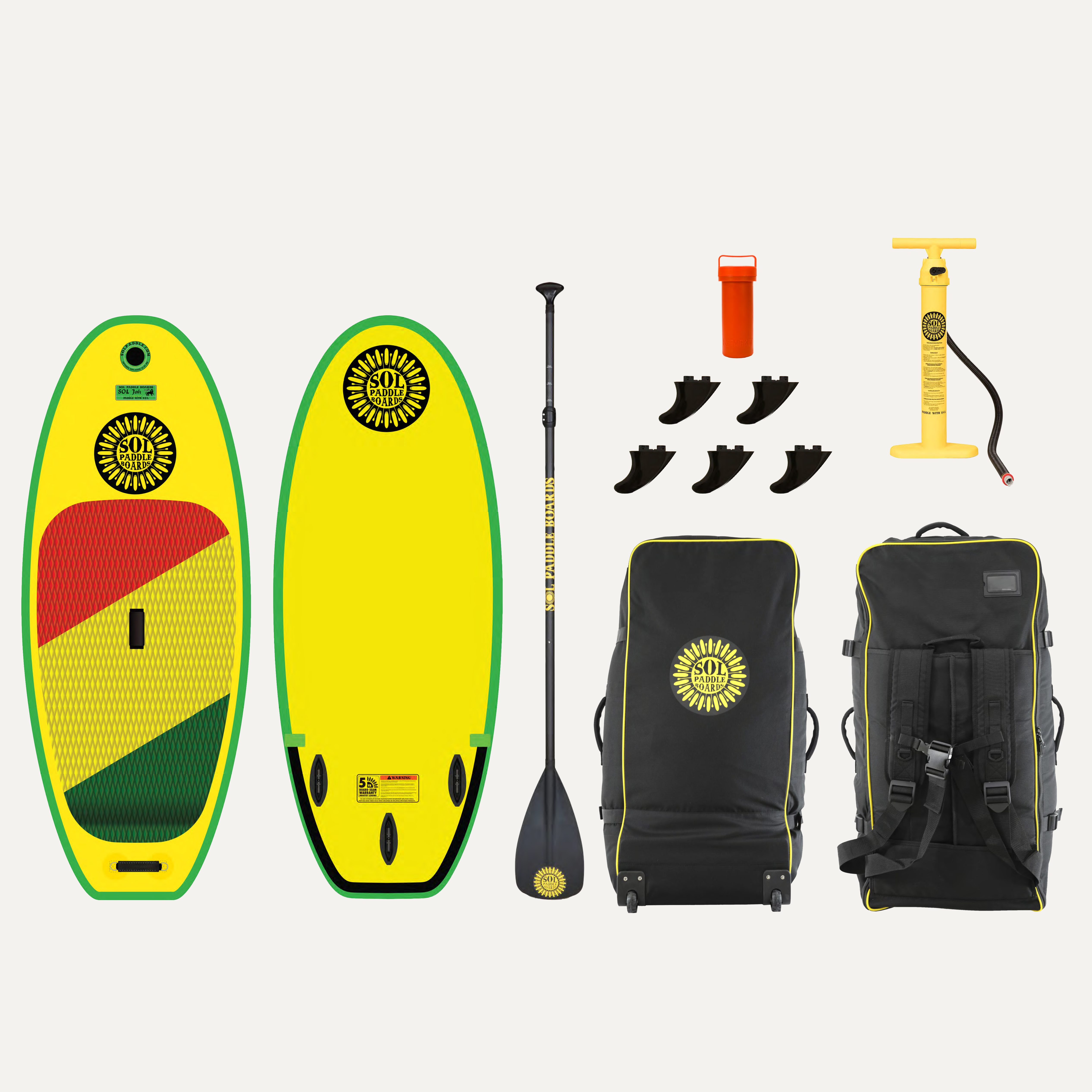 Classic SOLjah Inflatable River Surfboard showcasing the top and bottom views of the river surfboard and the accessories that come with it