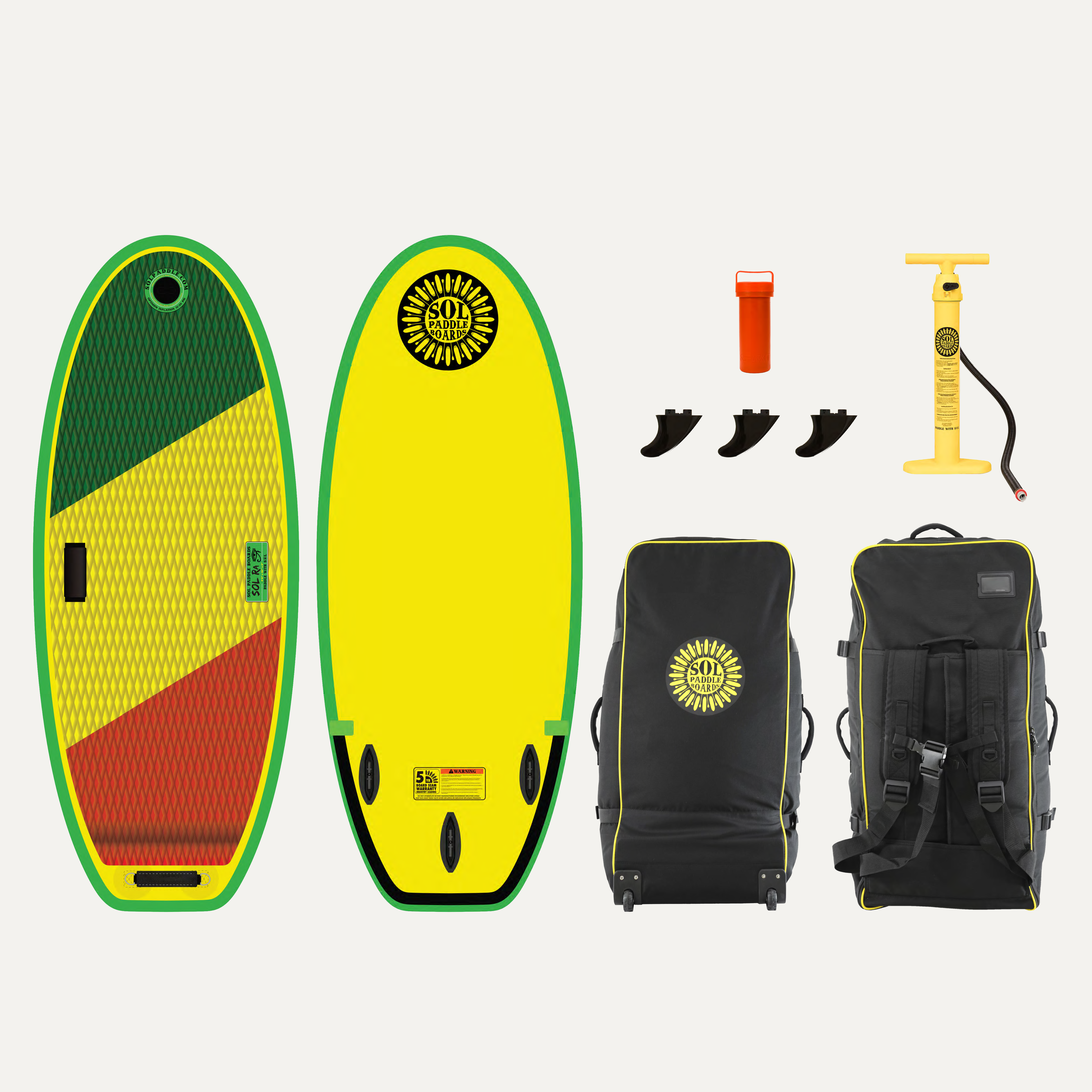 Classic SOLra Inflatable River Surfboard showcasing the top and bottom views of the river surfboard and the accessories that come with it