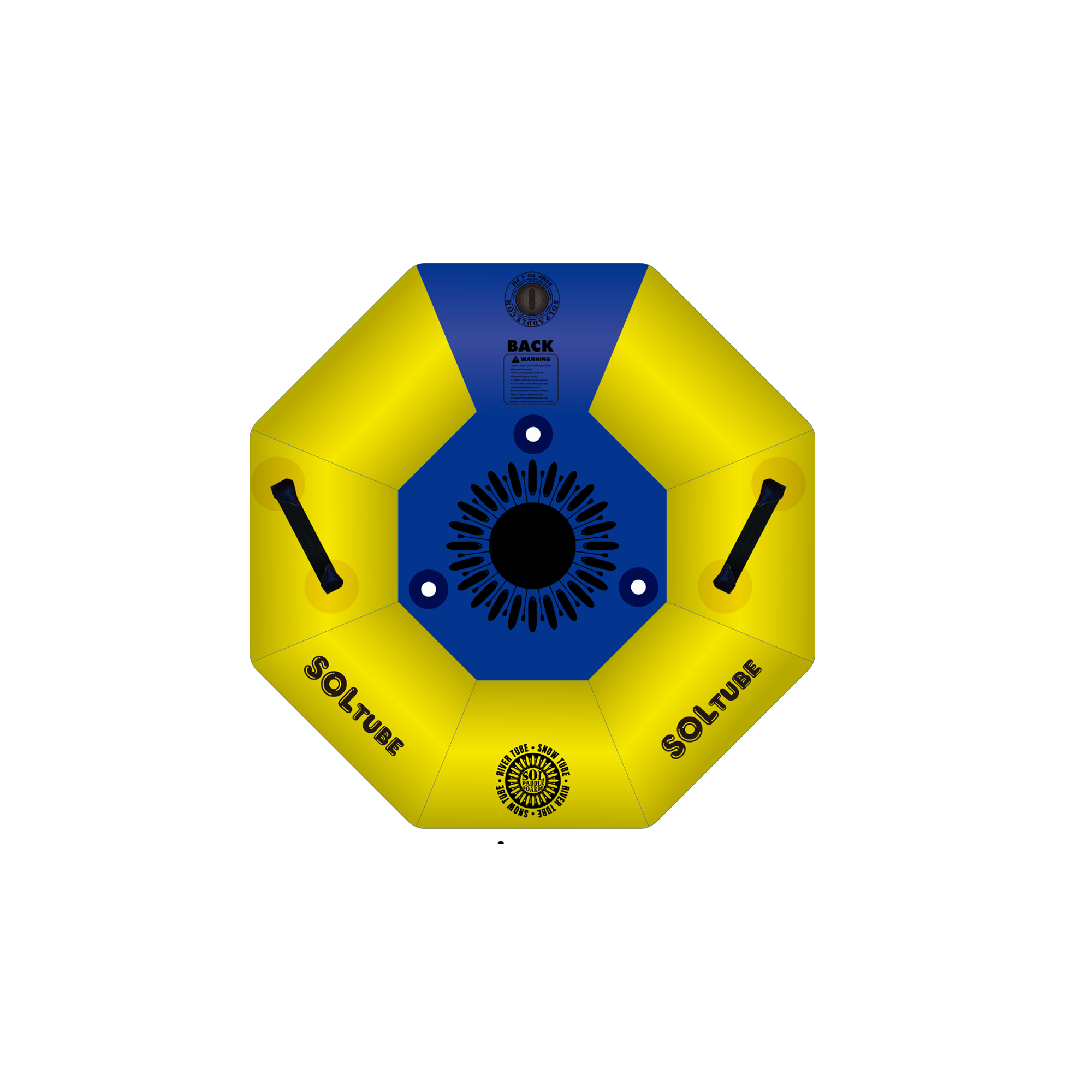 Single SOLtube inflatable in yellow and blue, viewed from the top.