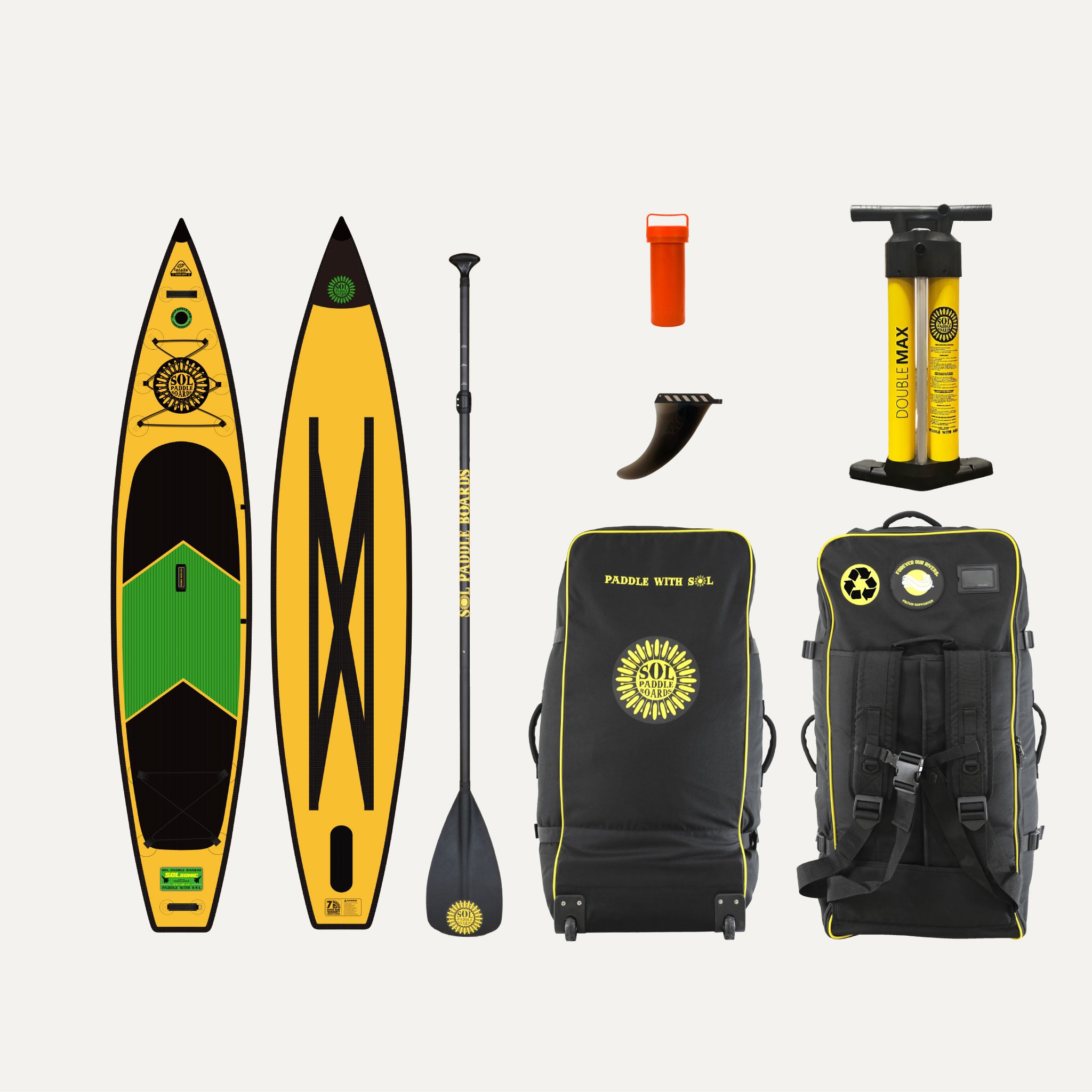 Carbon GalaXy SOLsonic Inflatable Paddle Board showcasing the top and bottom views of the SUP board and the accessories that come with it