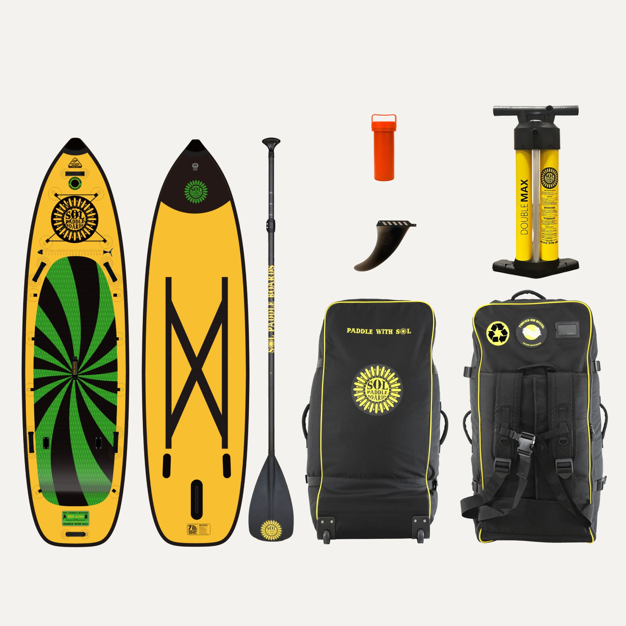 Carbon GalaXy SOLsumo Inflatable Paddle Board showcasing the top and bottom views of the SUP board and the accessories that come with it