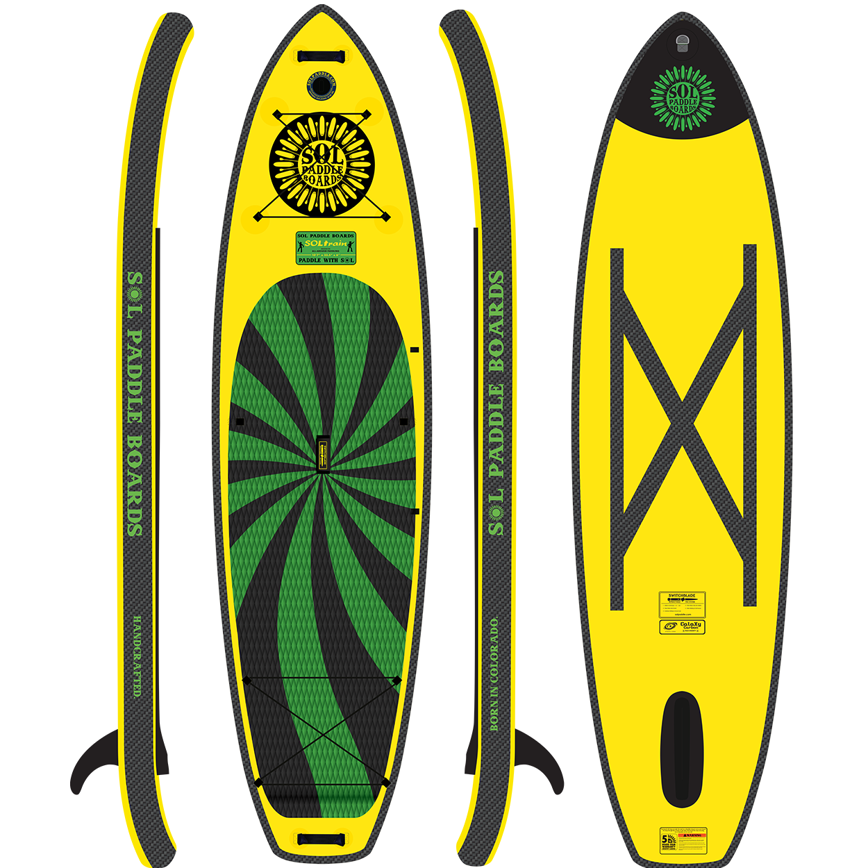 Carbon GalaXy SOLtrain Inflatable Paddle Board showcasing all four sides of the SUP board.