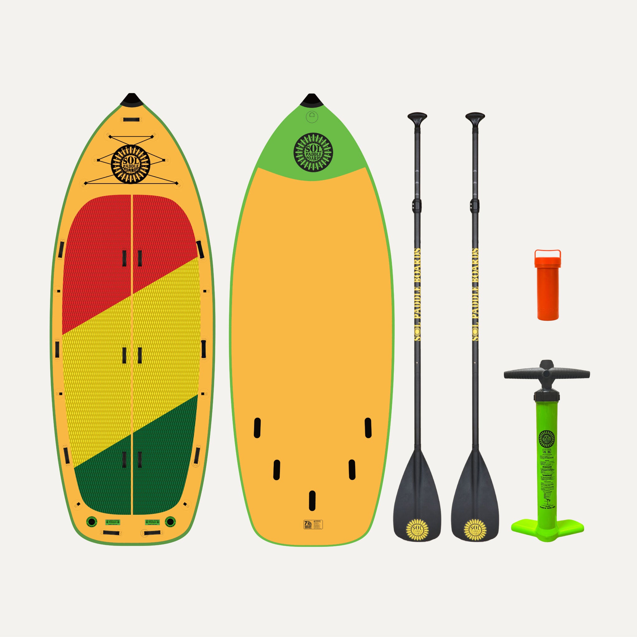 Classic SOLfiesta Inflatable Paddle Board showcasing the top and bottom views of the SUP board and the accessories that come with it