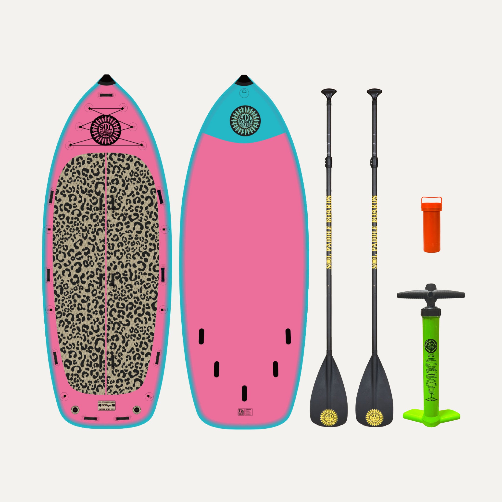 Classic SOLfiesta Limited-Edition Lynx Inflatable Paddle Board showcasing the top and bottom views of the SUP board and the accessories that come with it