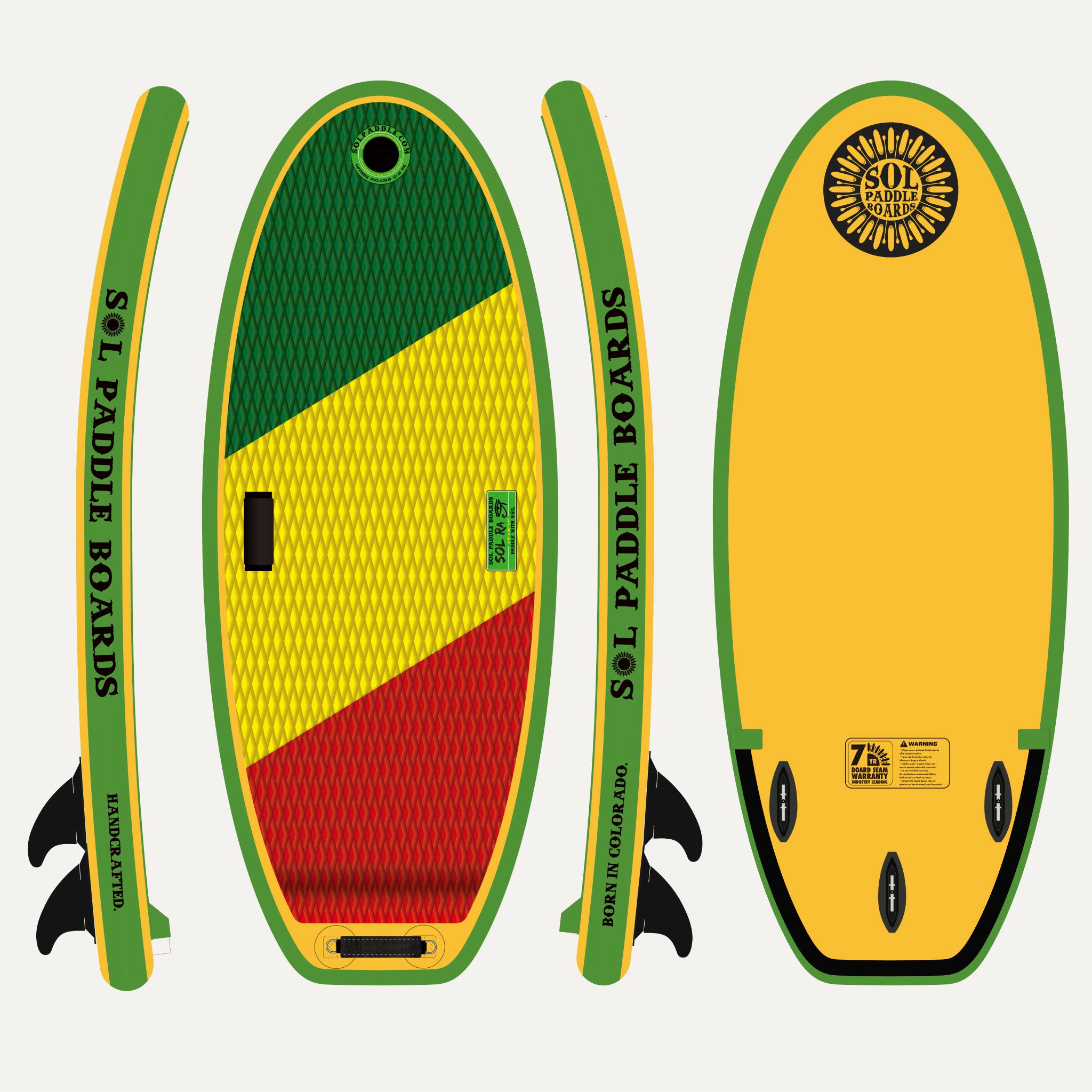Classic SOLra Inflatable River Surfboard showcasing all four sides of the river surfboard