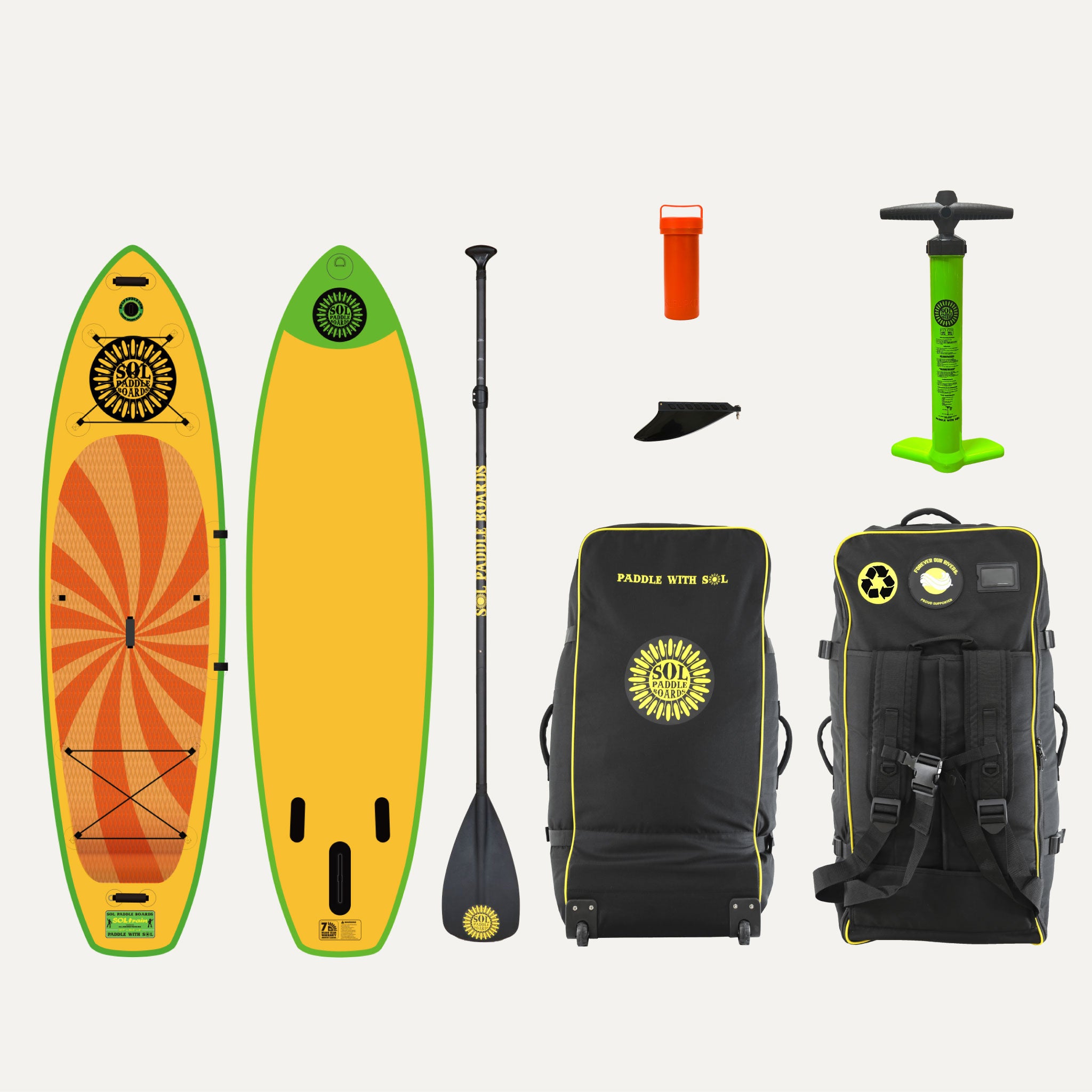Classic SOLtrain Inflatable Paddle Board showcasing the top and bottom views of the SUP board and the accessories that come with it 