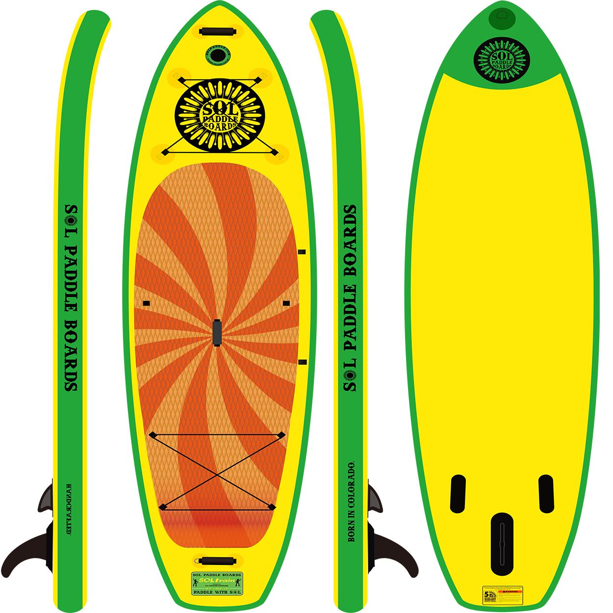 Classic SOLtrain Inflatable Paddle Board showcasing all four sides of the SUP board.