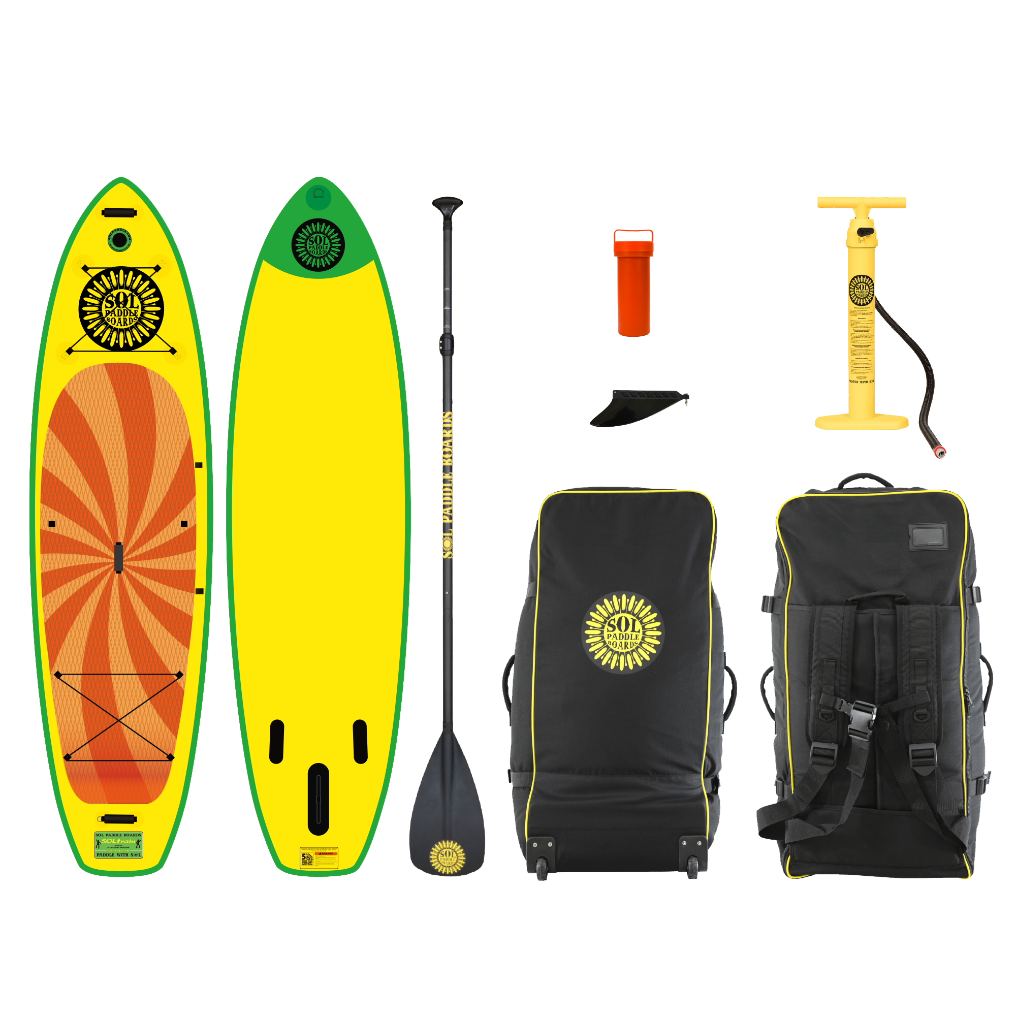 Classic SOLtrain Inflatable Paddle Board showcasing two sides of the SUP board plus all of the accessories it comes with.