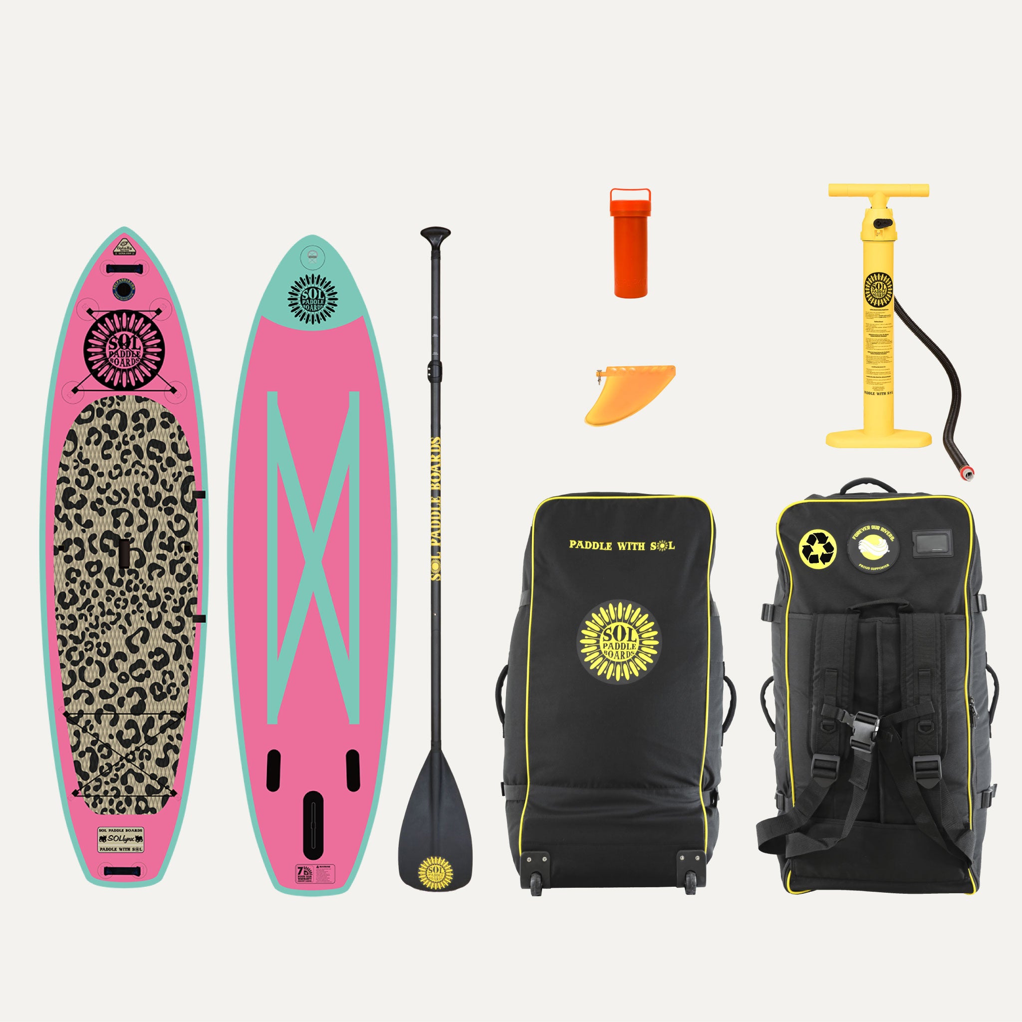 GalaXy SOLlynx Inflatable Paddle Board showcasing  the top and bottom views of the SUP board and the accessories that come with it