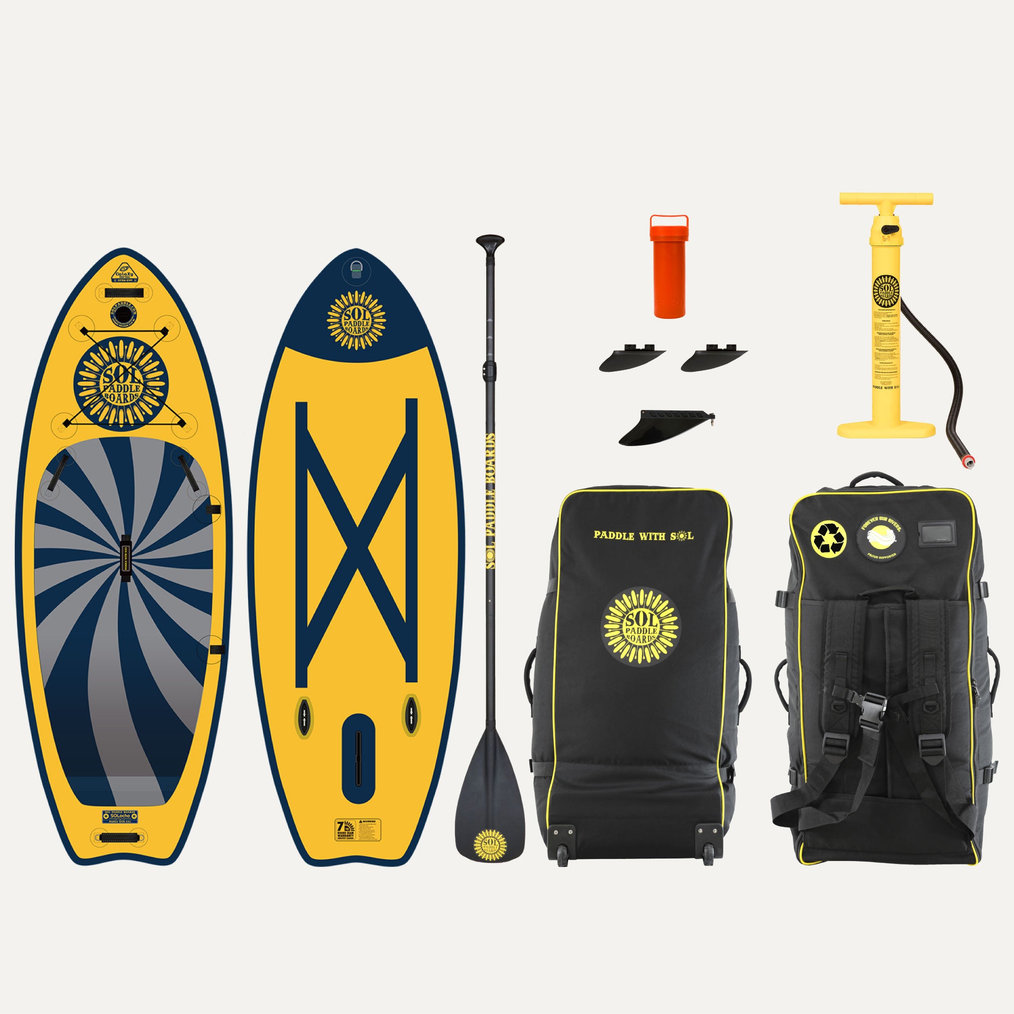GalaXy SOLriverocho Inflatable Paddle Board showcasing the top and bottom views of the SUP board and the accessories that come with it