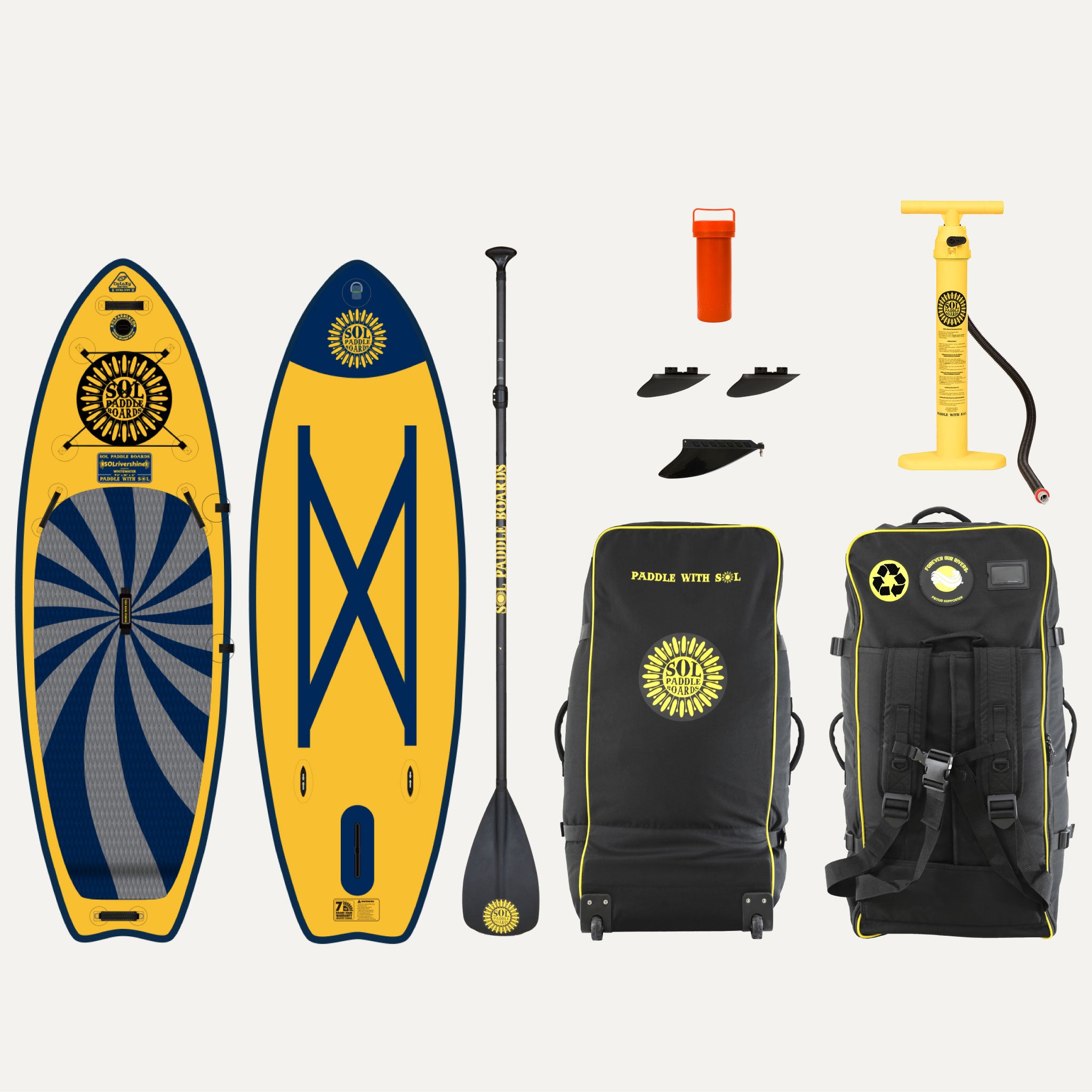 GalaXy SOLrivershine Inflatable Paddle Board showcasing the top and bottom views of the SUP board and the accessories that come with it