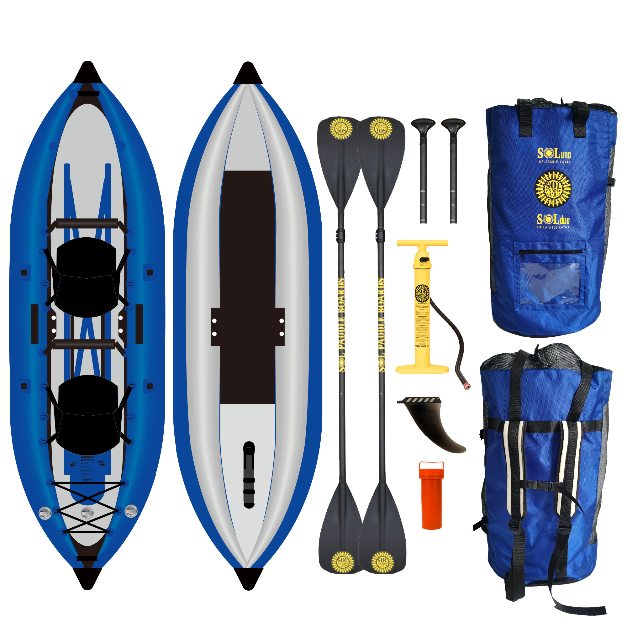 Two sides of the SOLduo inflatable kayak as well as the accessories it comes with.