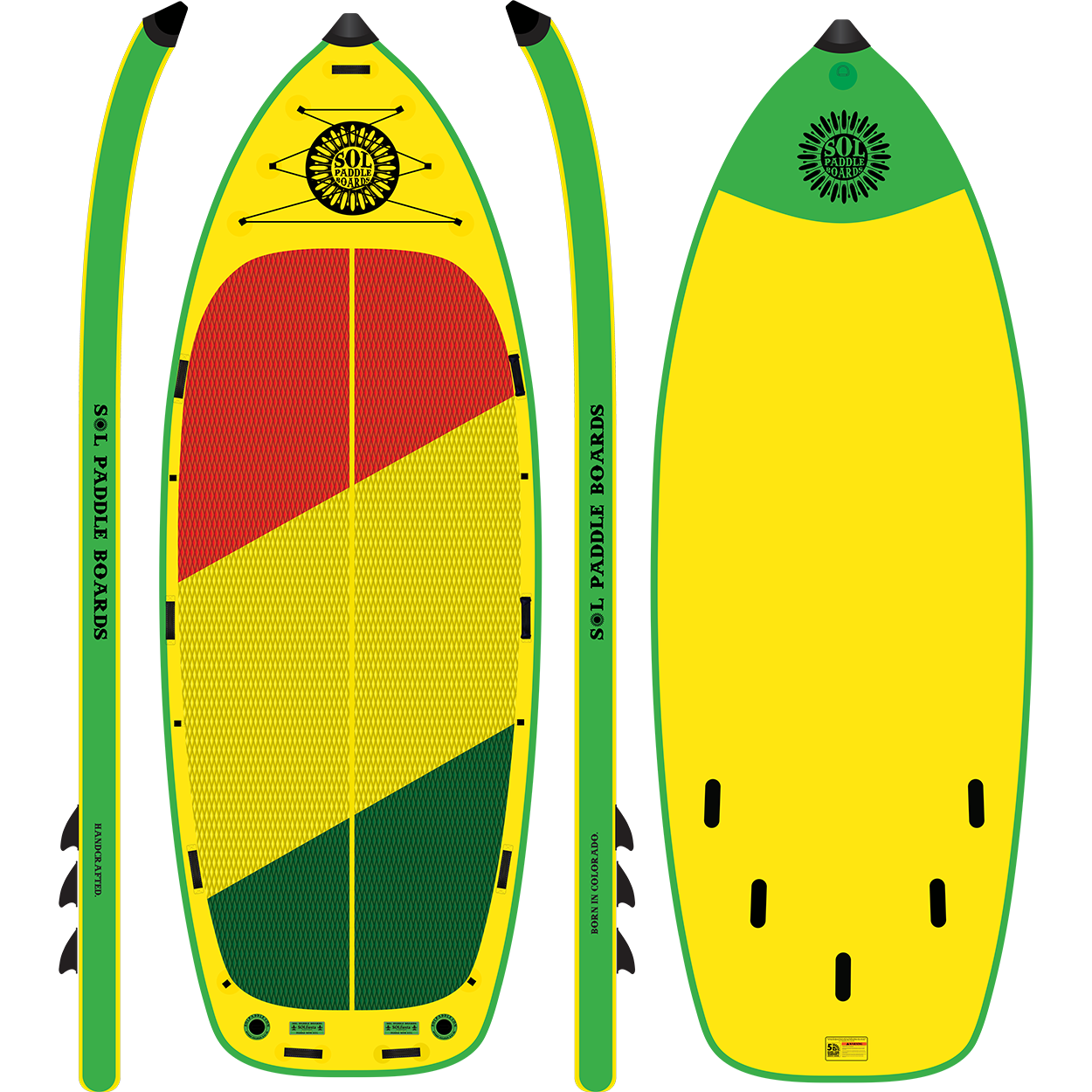 Classic SOLfiesta Inflatable Paddle Board showcasing all four sides of the SUP board