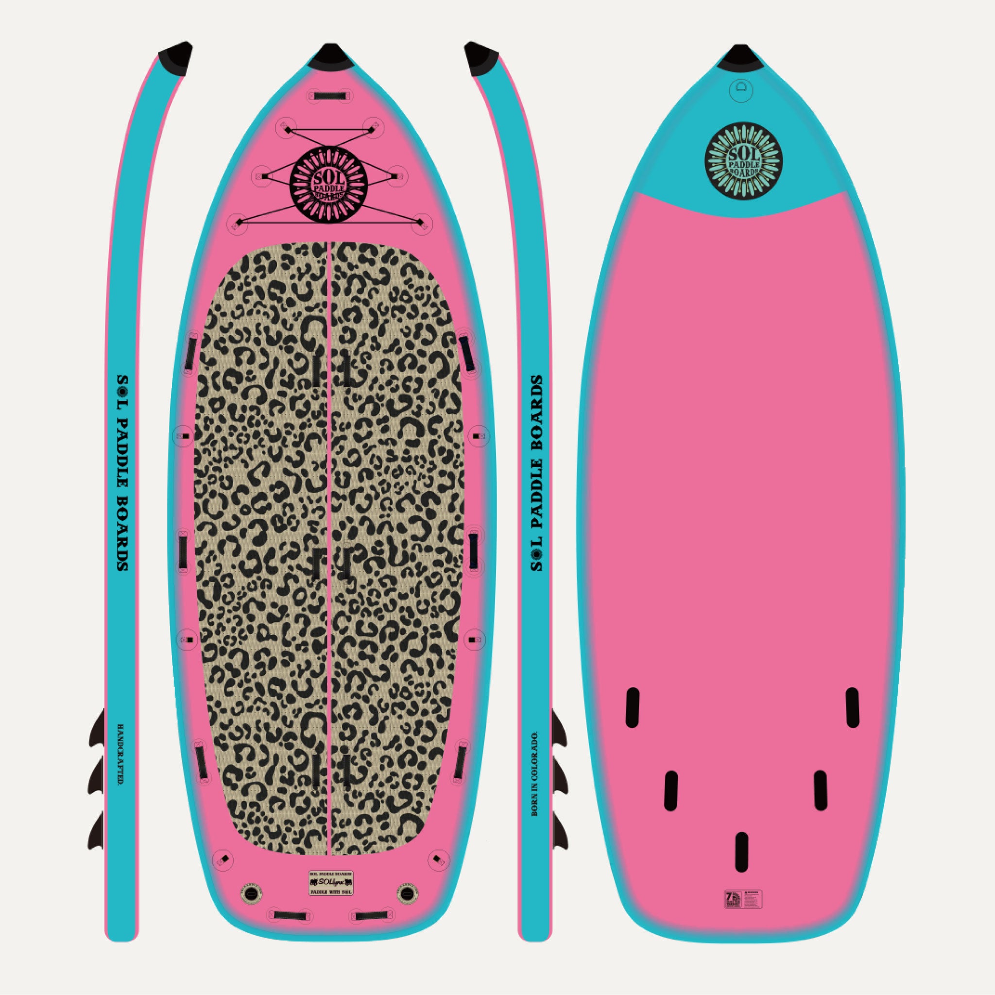 SOLfiesta Limited-Edition Lynx Inflatable Paddle Board showcasing all four sides of the SUP board