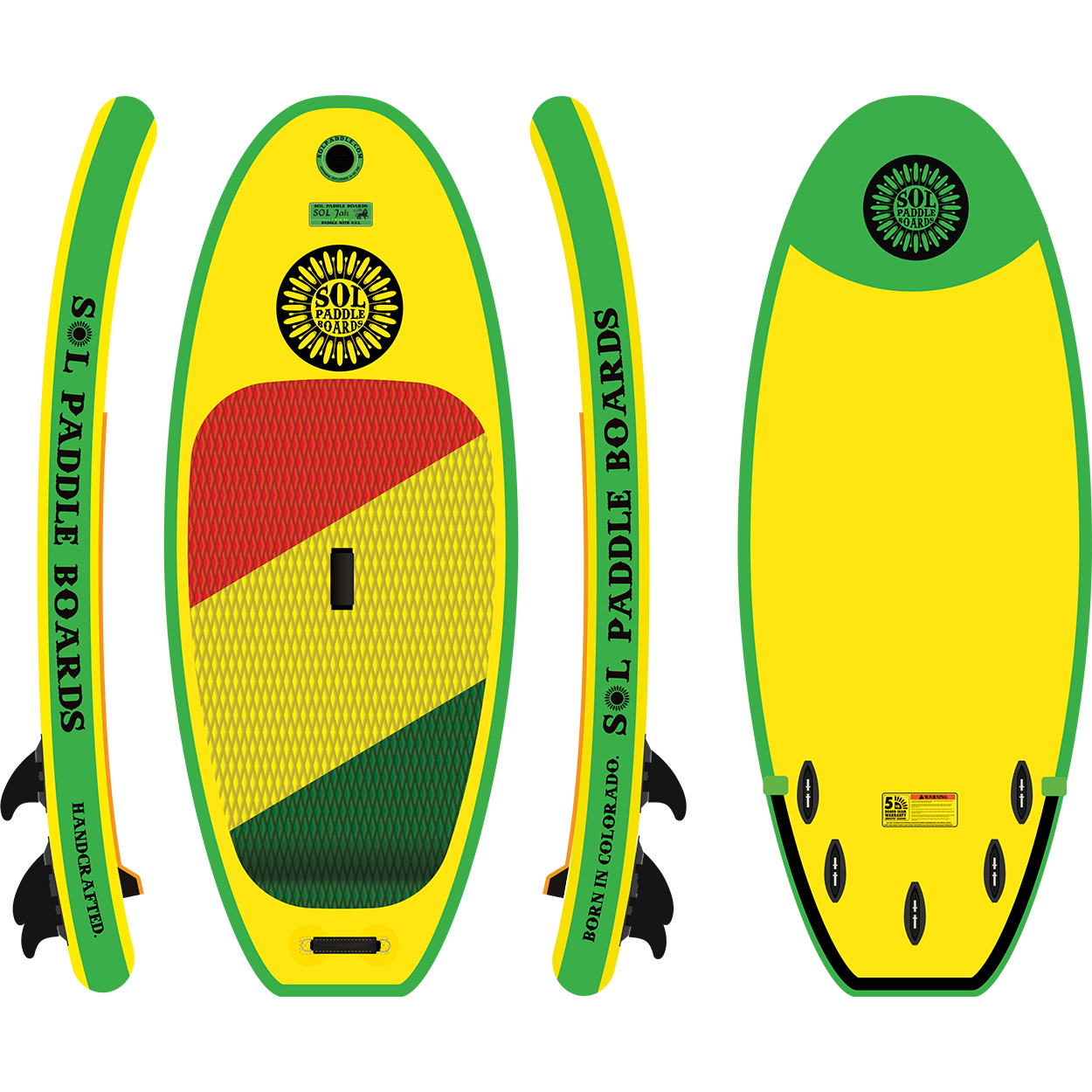 Classic SOLjah Inflatable River Surfboard showcasing all four sides of the river surfboard