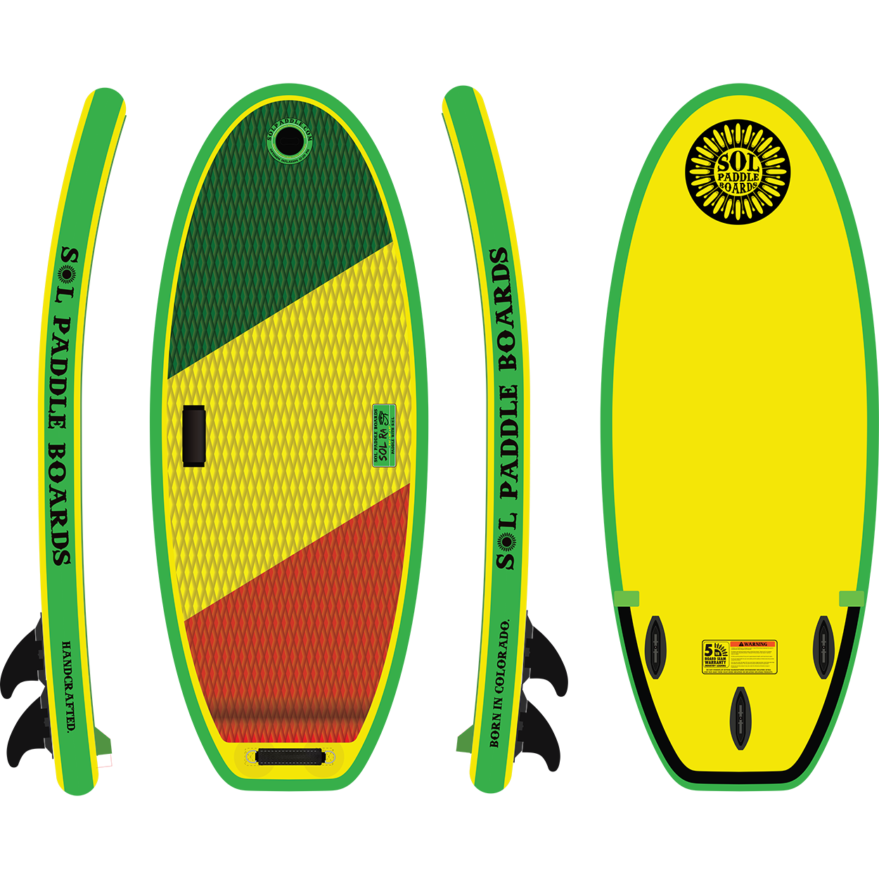 Classic SOLra Inflatable River Surfboard showcasing all four sides of the river surfboard