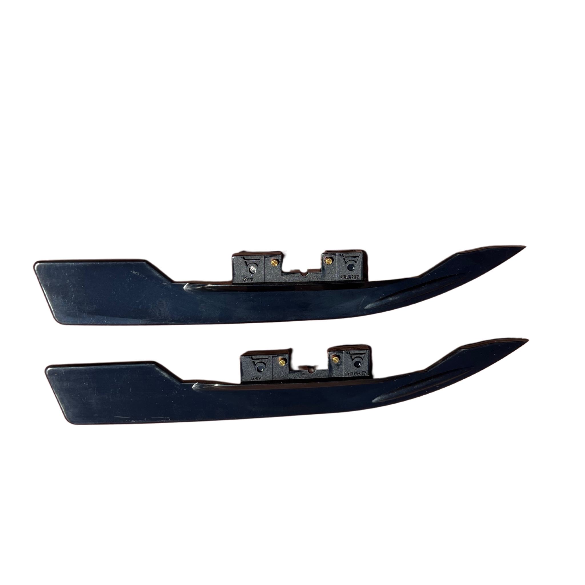 A pair of black paddle board fins with a click fin box, designed for river maneuverability and shallow water paddling.