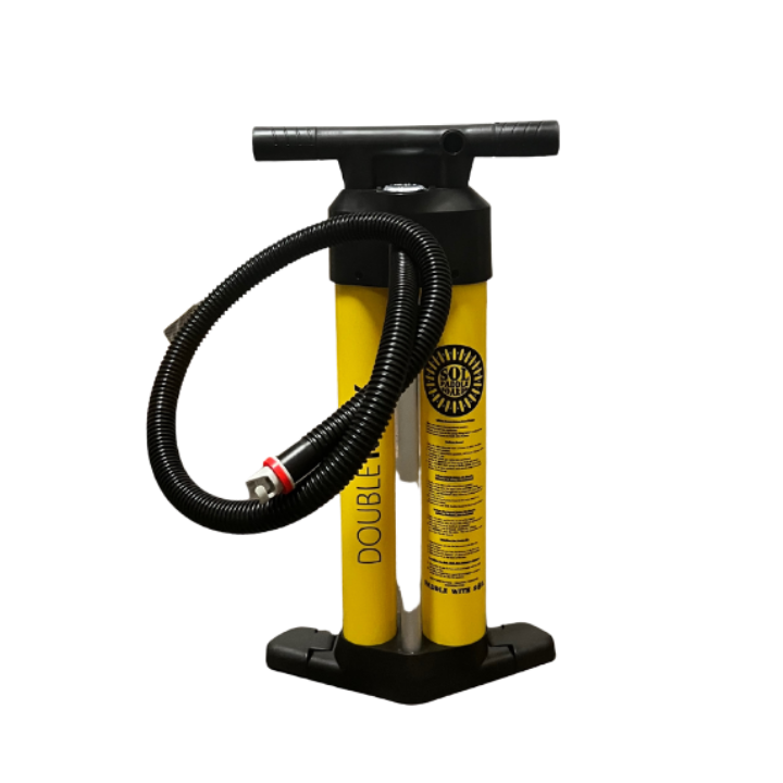 A manual bicycle pump with a yellow and black dual-cylinder design, a black T-handle, and a black corrugated hose, shown on a plain white background.