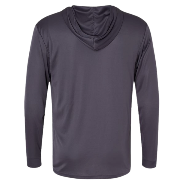 A dark gray long-sleeve athletic shirt with a draped, high-neck hood, shown from the back on a plain white background.