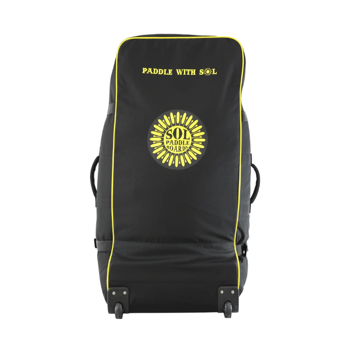 A black soft-sided rolling bag with yellow piping and yellow branding, including the text 'PADDLE WITH SOL' and a circular 'SOL PADDLE V2.0 SOL' logo on the front, shown against a plain white background.