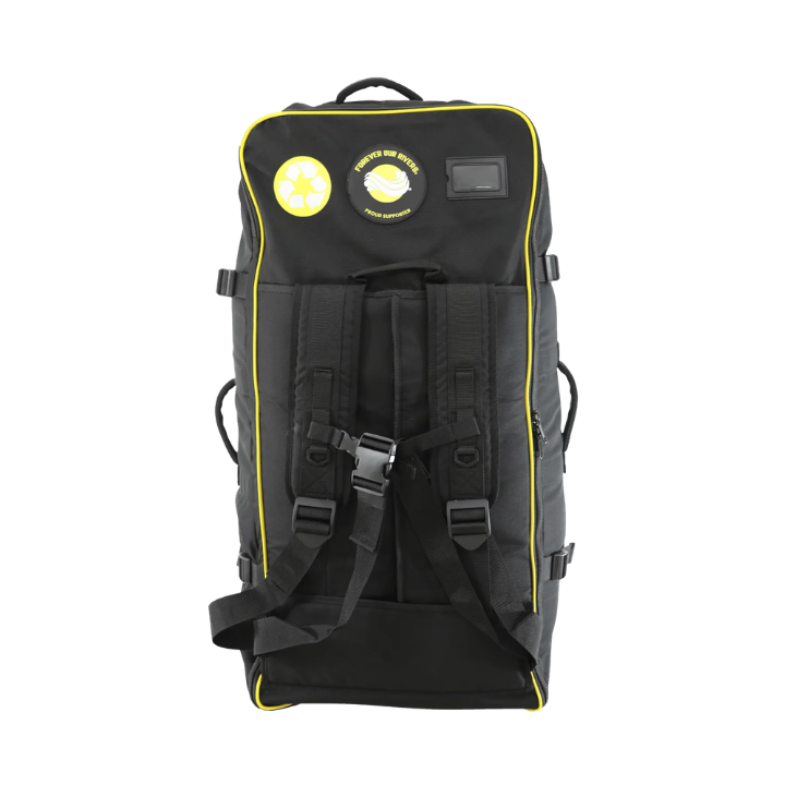 A black tactical-style backpack shown from the back, featuring bright yellow piping, two circular yellow patches, and black straps with plastic buckles, photographed on a plain white background.