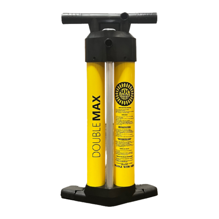 A manual bicycle pump with a black handle and base, featuring two bright yellow cylinders with black branding and text, isolated on a white background.