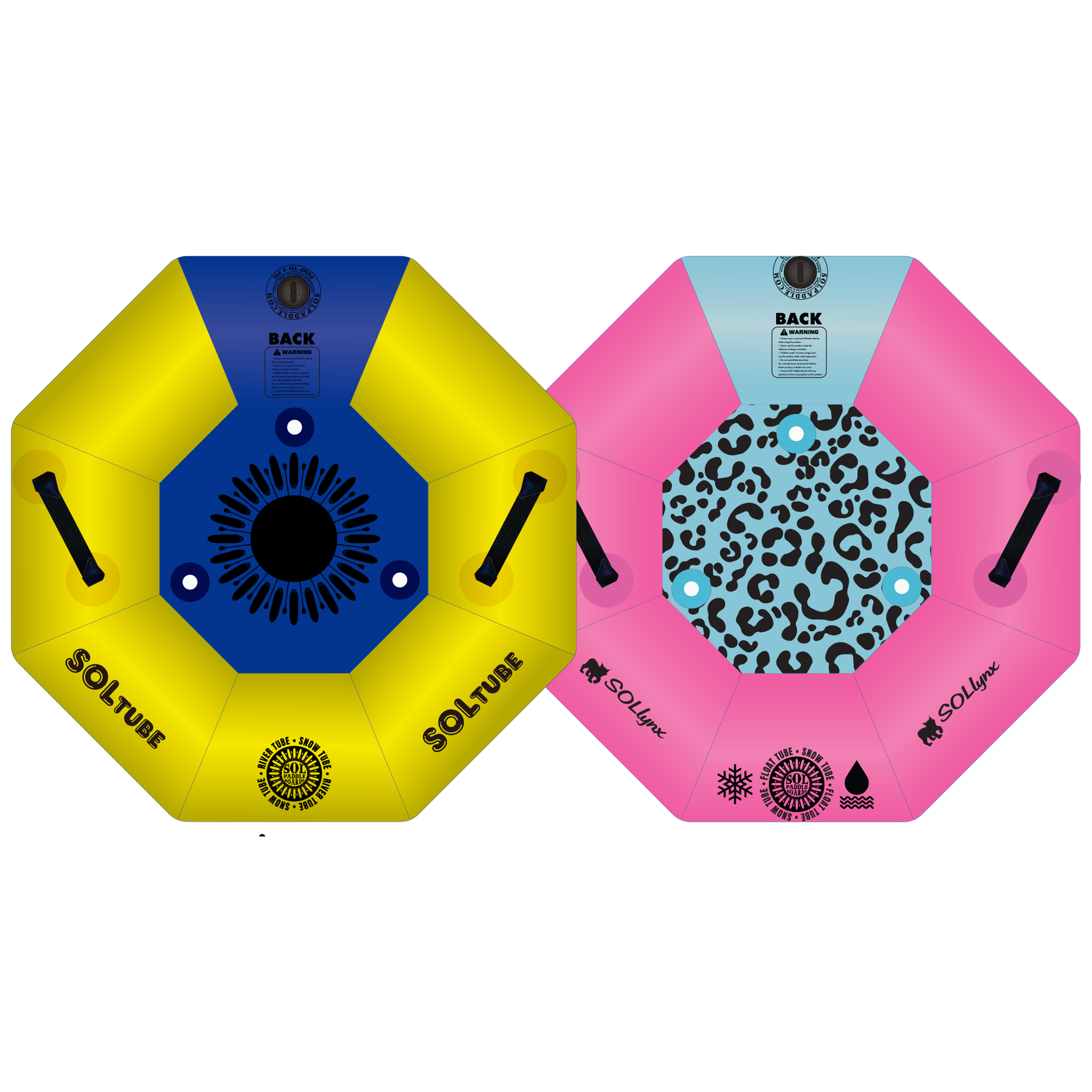 Two SOLtube inflatables side by side, one in yellow and blue, the other in pink and teal, viewed from the top.
