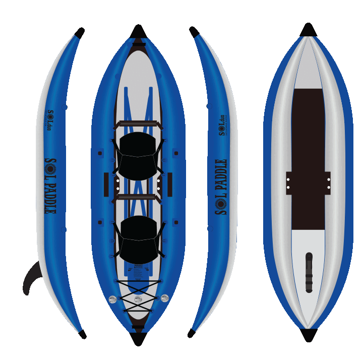All four sides of the SOLduo Inflatable Kayak with the retractable switchblade fin.