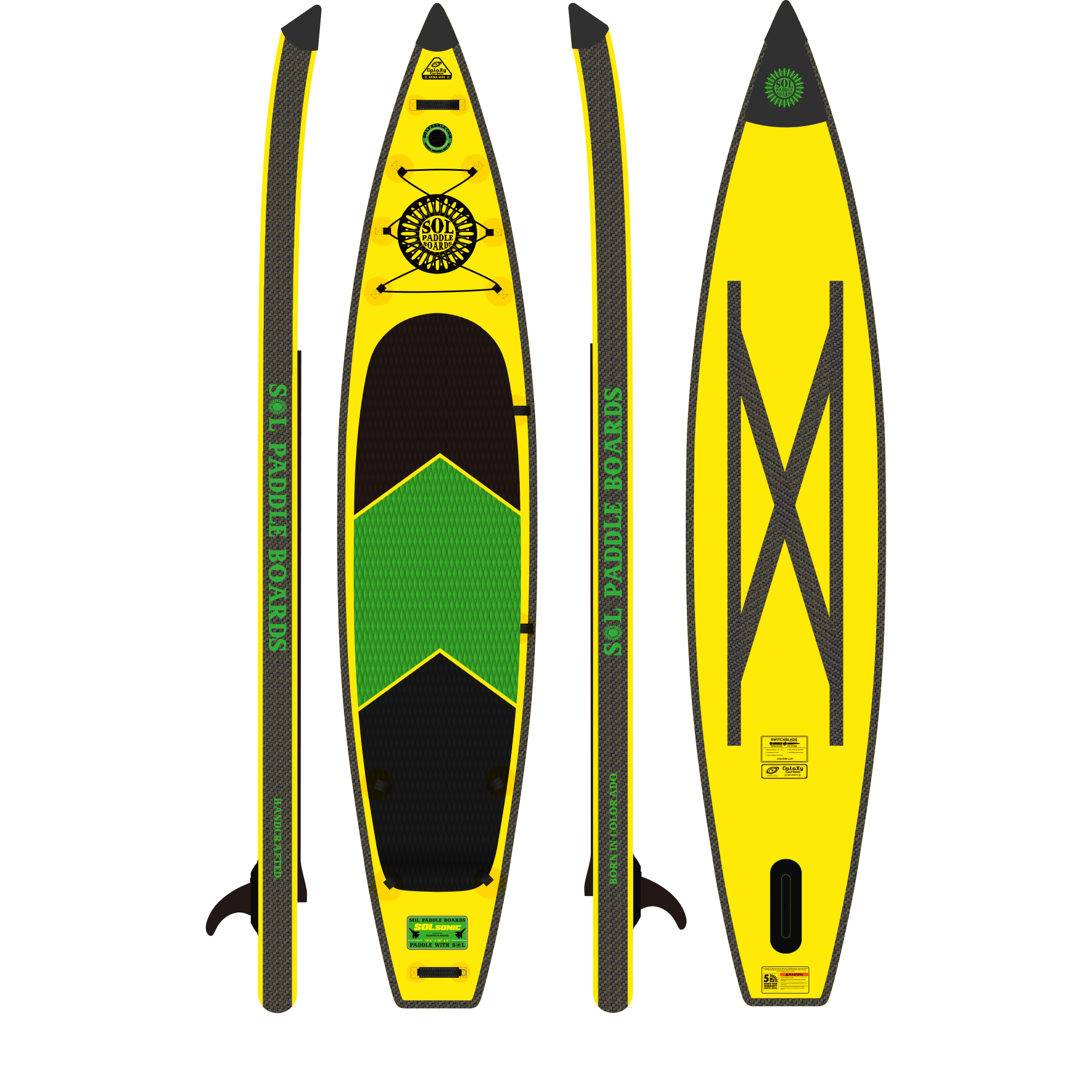 Carbon GalaXy SOLsonic Inflatable Paddle Board showcasing all four sides of the SUP board