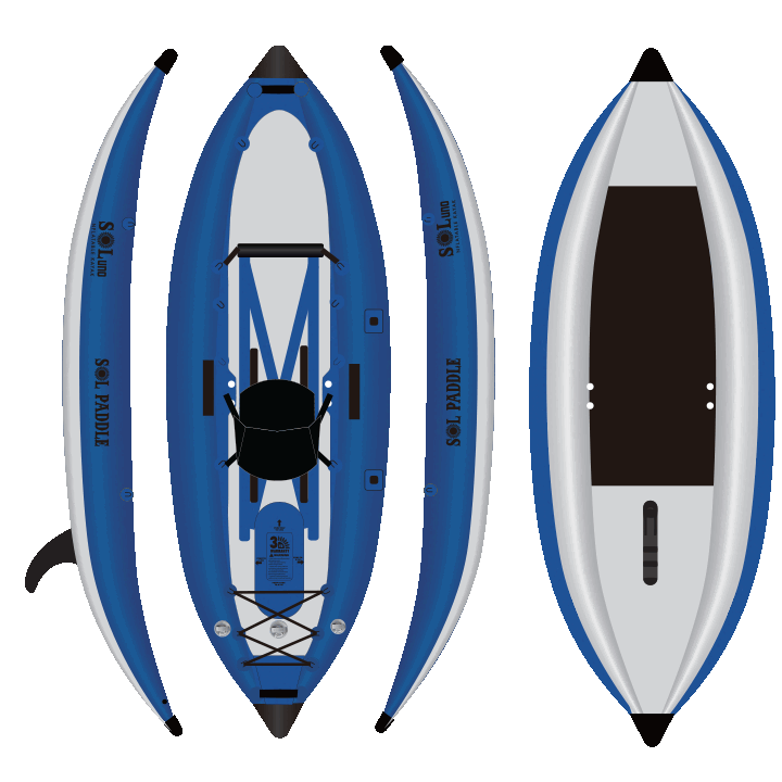 All four sides of the SOLuno Inflatable Kayak with the retractable fin system