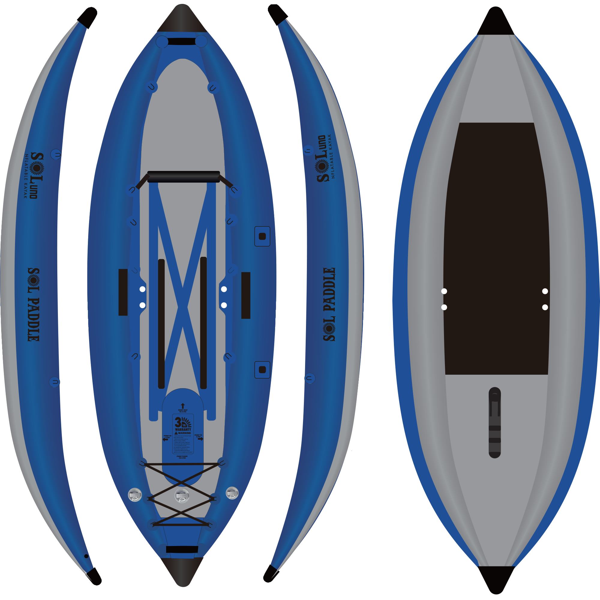 All four sides of the SOLuno Inflatable Kayak.