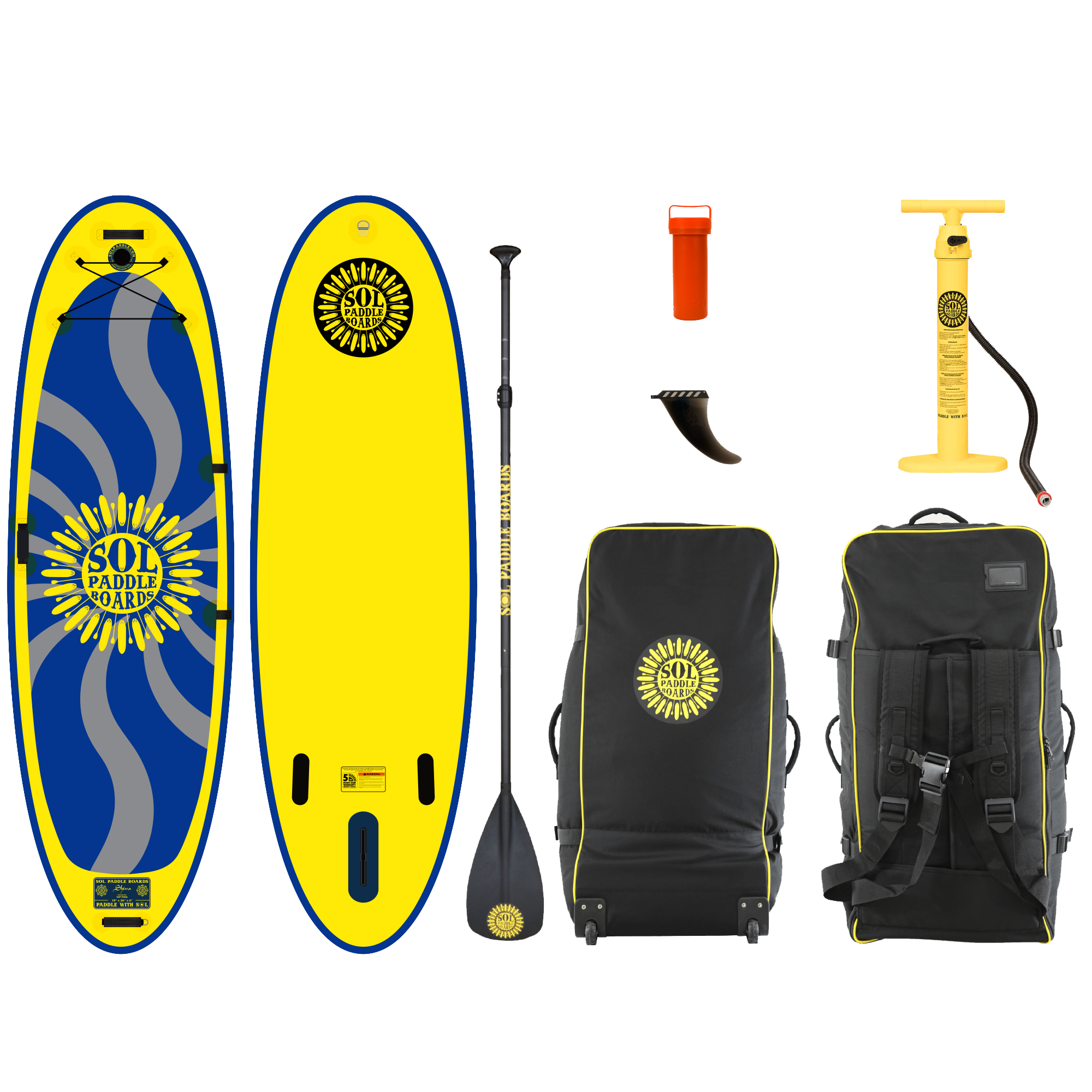 GalaXy SOLshiva Inflatable Paddle Board showcasing two sides of the SUP board plus accessories.