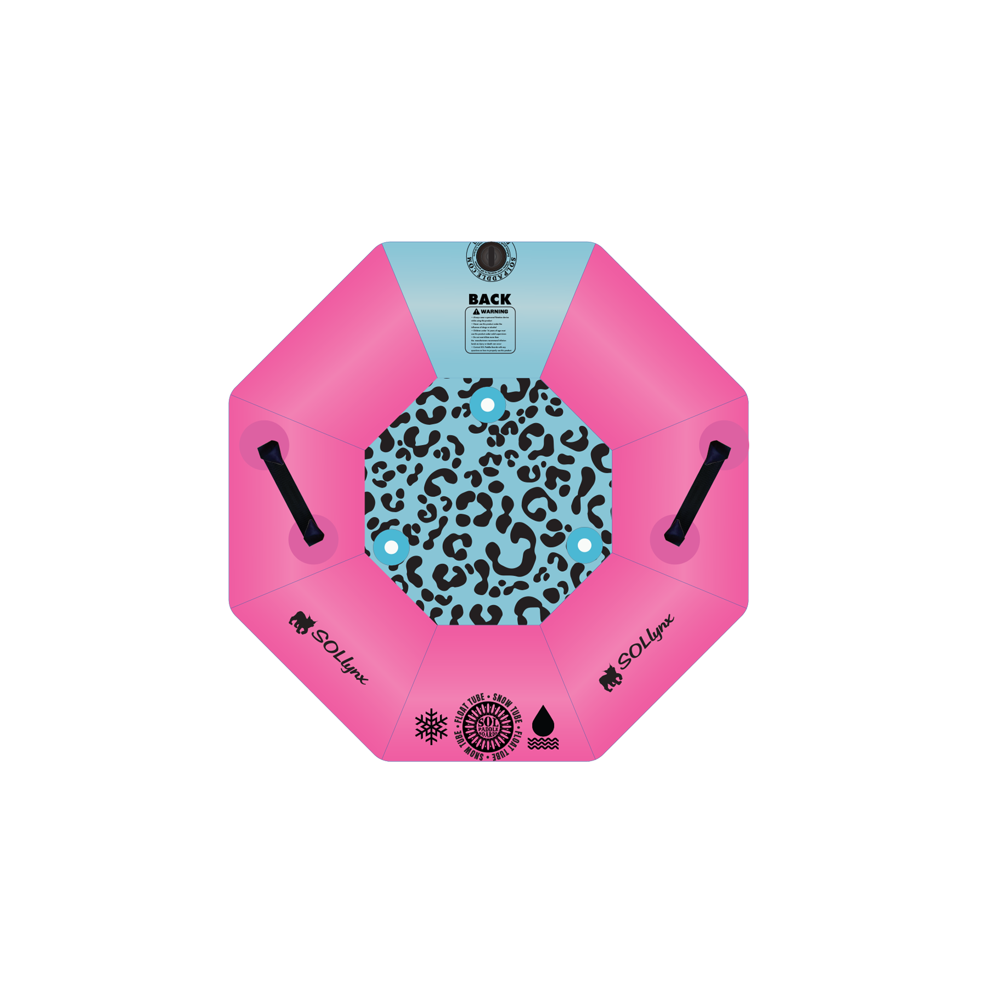 Single SOLtube inflatable in pink and teal, viewed from the top.