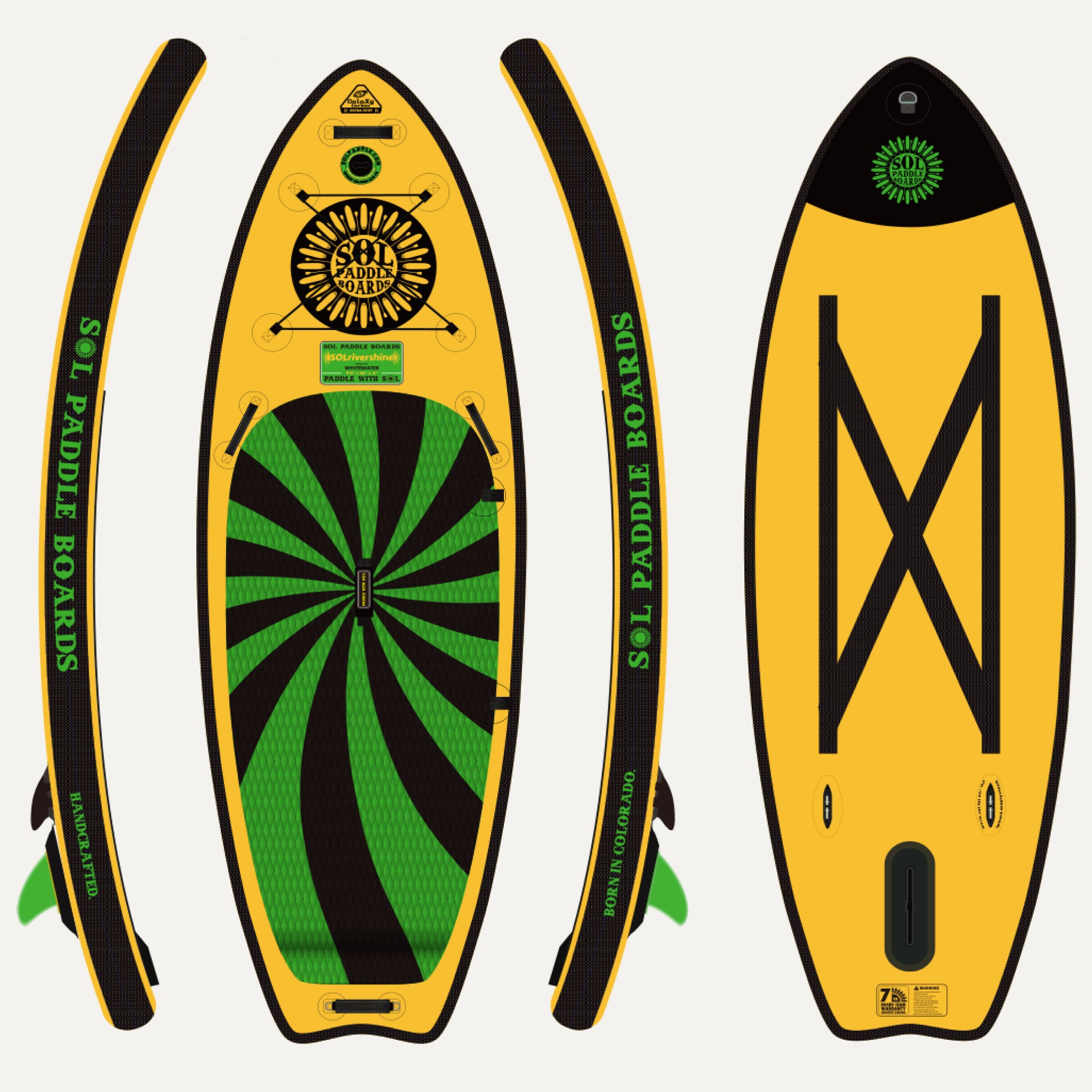Carbon GalaXy SOLrivershine Inflatable Paddle Board showcasing all four sides of the SUP board