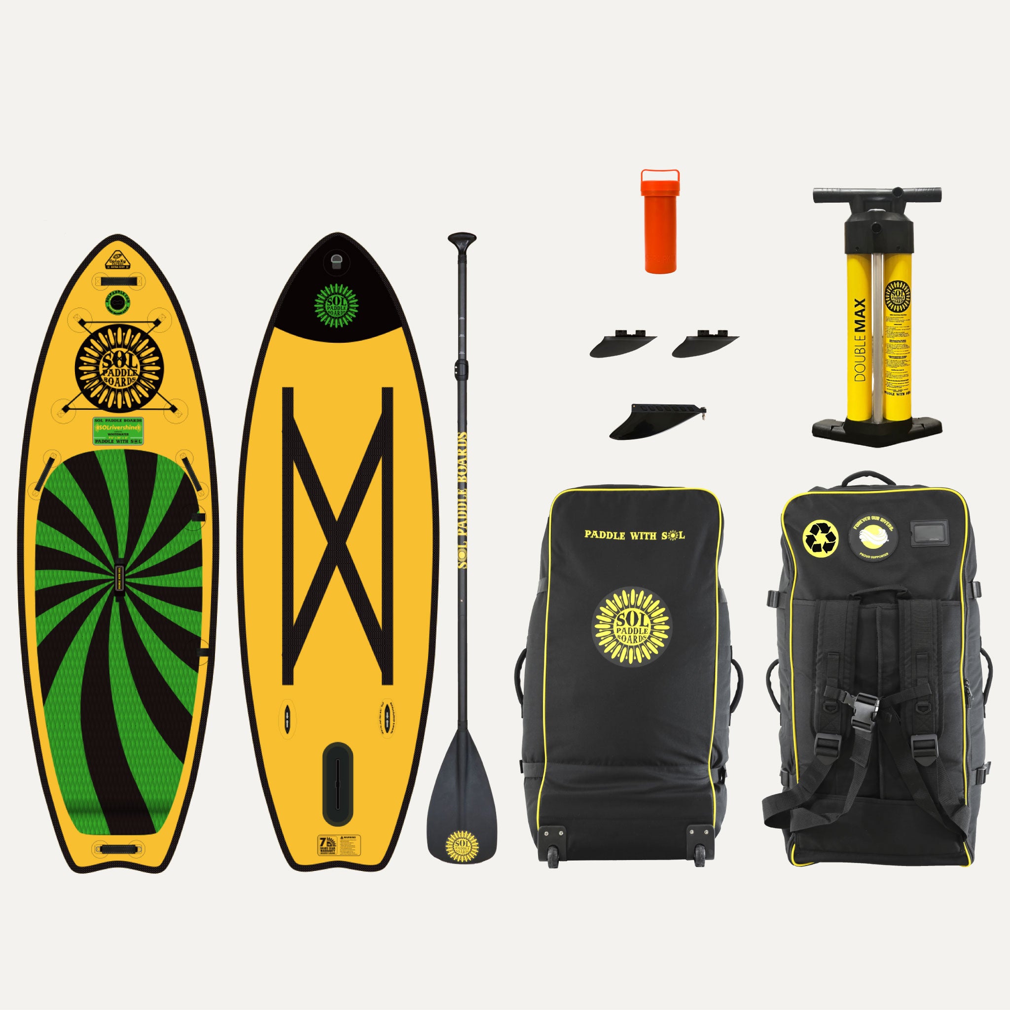 Carbon GalaXy SOLrivershine Inflatable Paddle Board showcasing the top and bottom views of the SUP board and the accessories that come with it