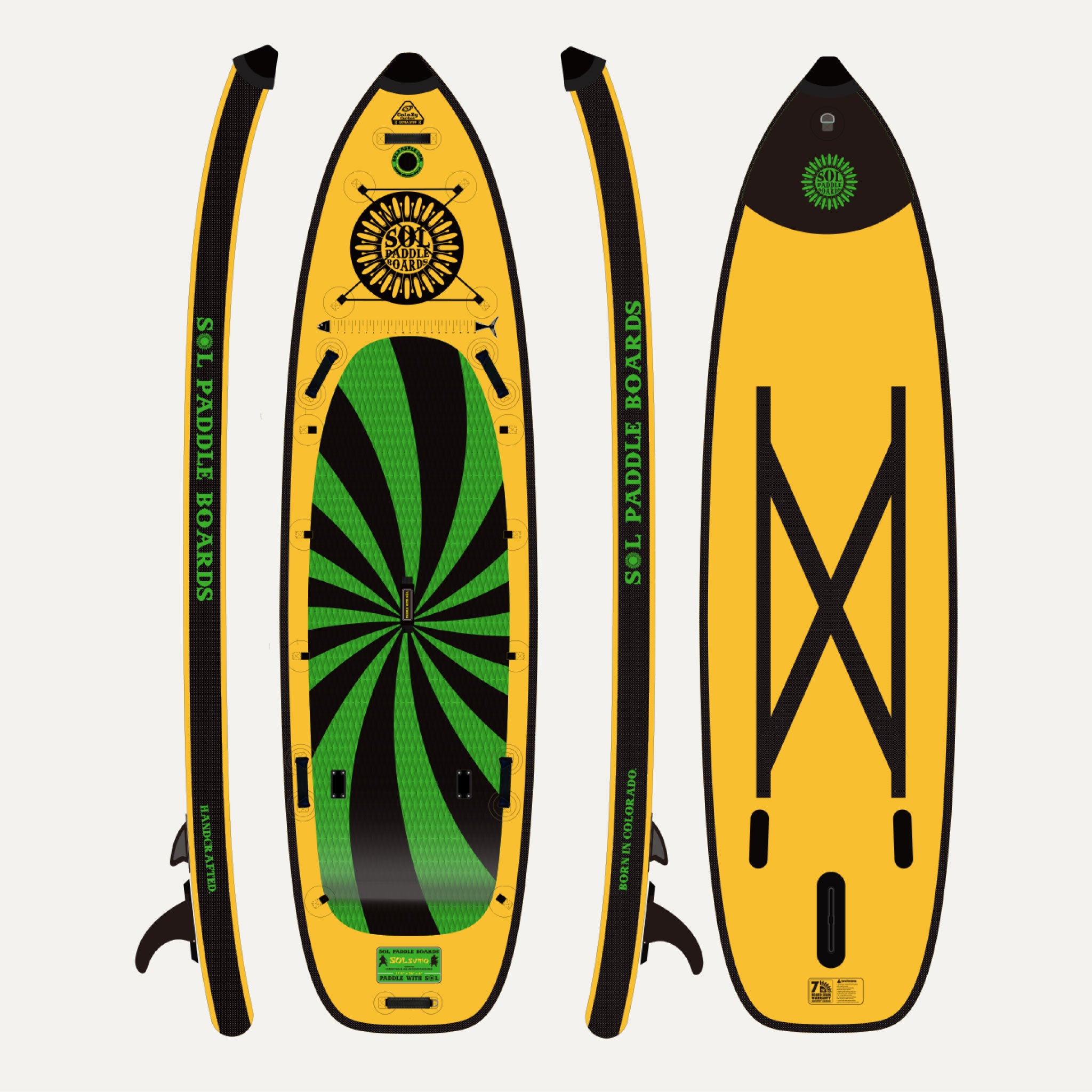 Carbon GalaXy SOLsumo Inflatable Paddle Board showcasing all four sides of the SUP board