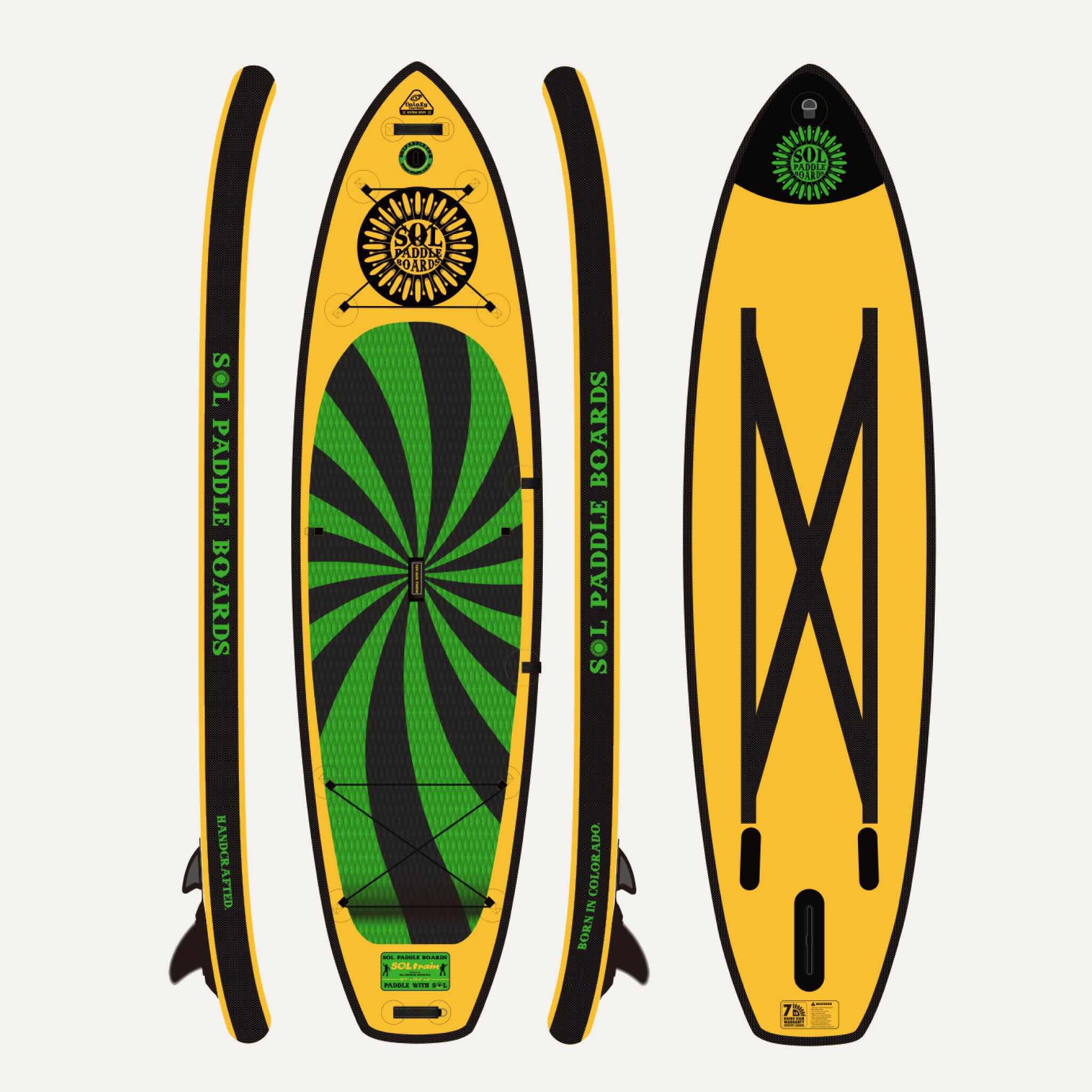 Carbon GalaXy SOLtrain Inflatable Paddle Board showcasing all four sides of the SUP board