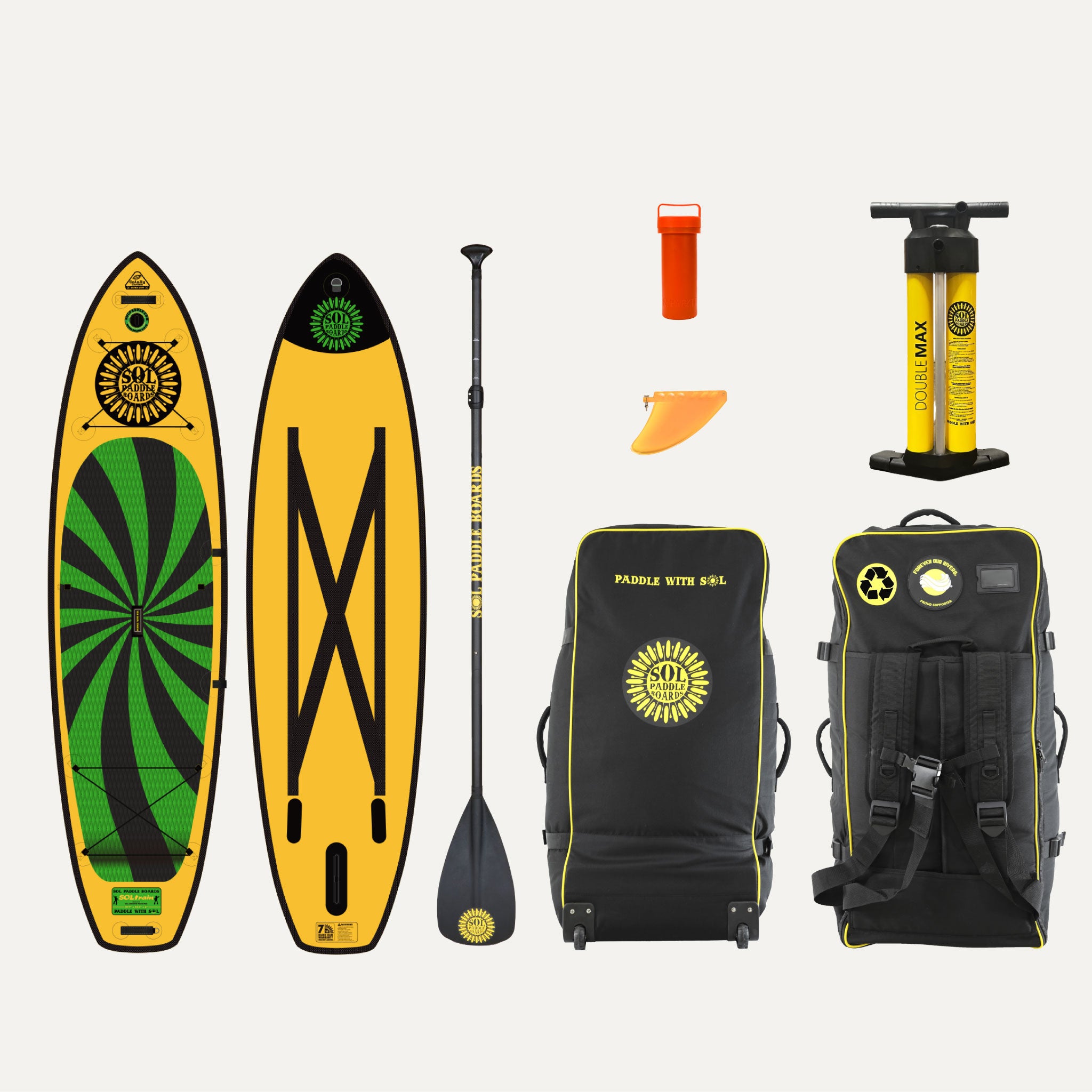 Carbon GalaXy SOLtrain Inflatable Paddle Board showcasing the top and bottom views of the SUP board and the accessories that come with it