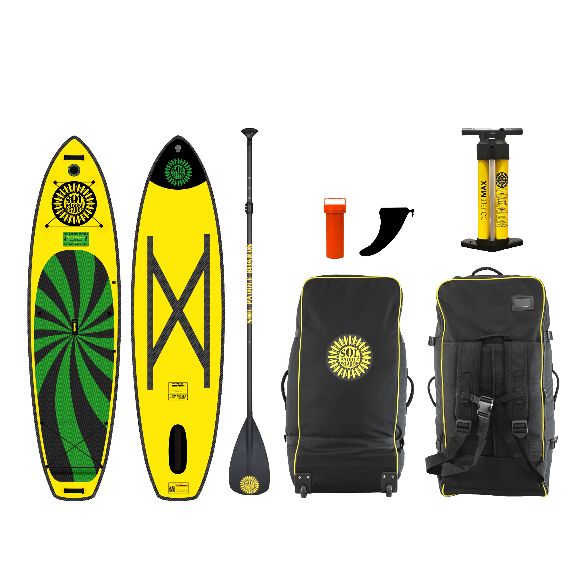 Carbon GalaXy SOLtrain Inflatable Paddle Board showcasing two sides of the SUP board with accessories.